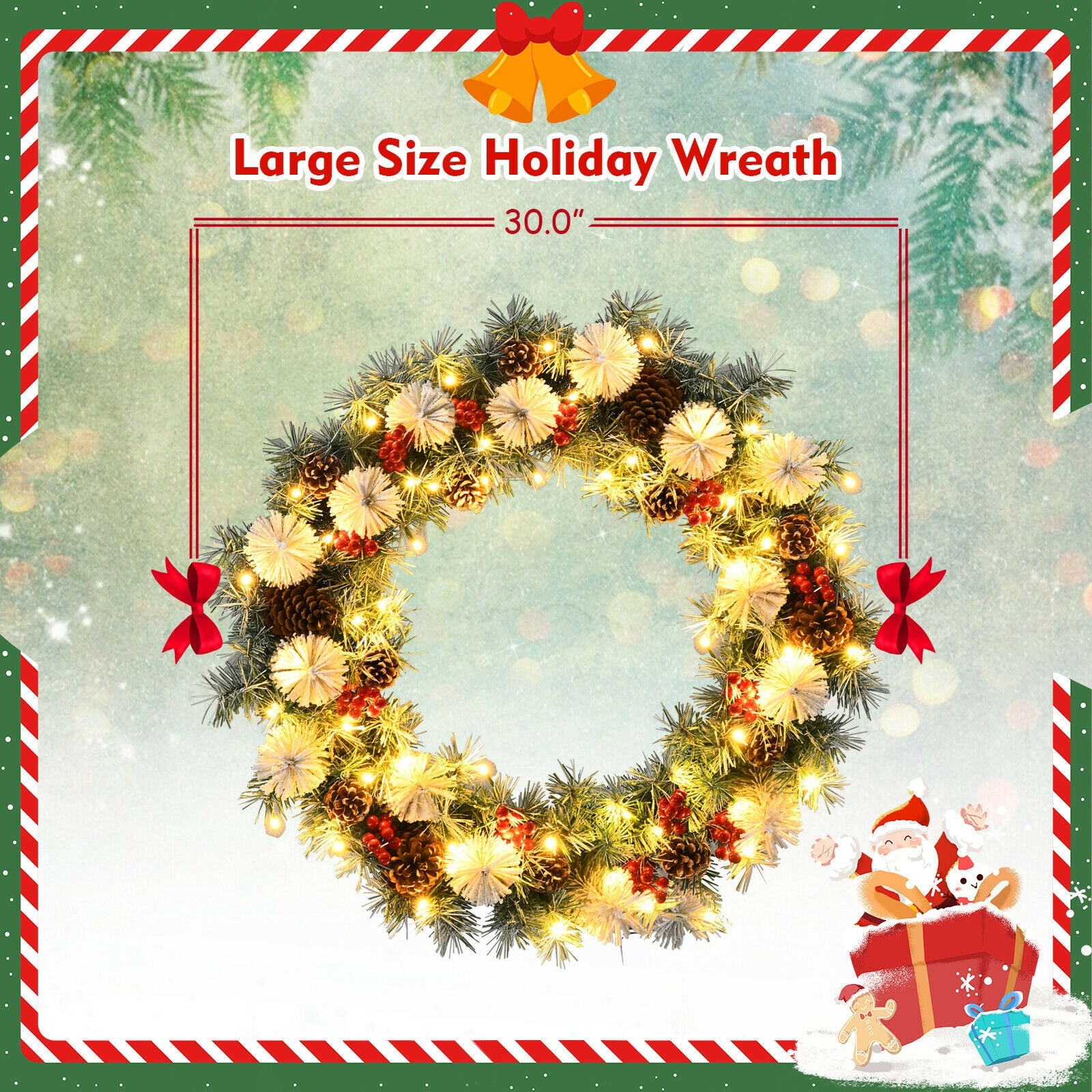 30-Inch Pre-lit Flocked Artificial Christmas Wreath with Mixed Decorations