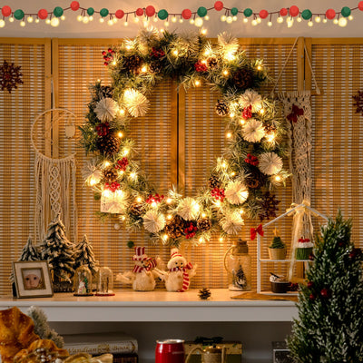 30-Inch Pre-lit Flocked Artificial Christmas Wreath with Mixed DecorationsÂ 