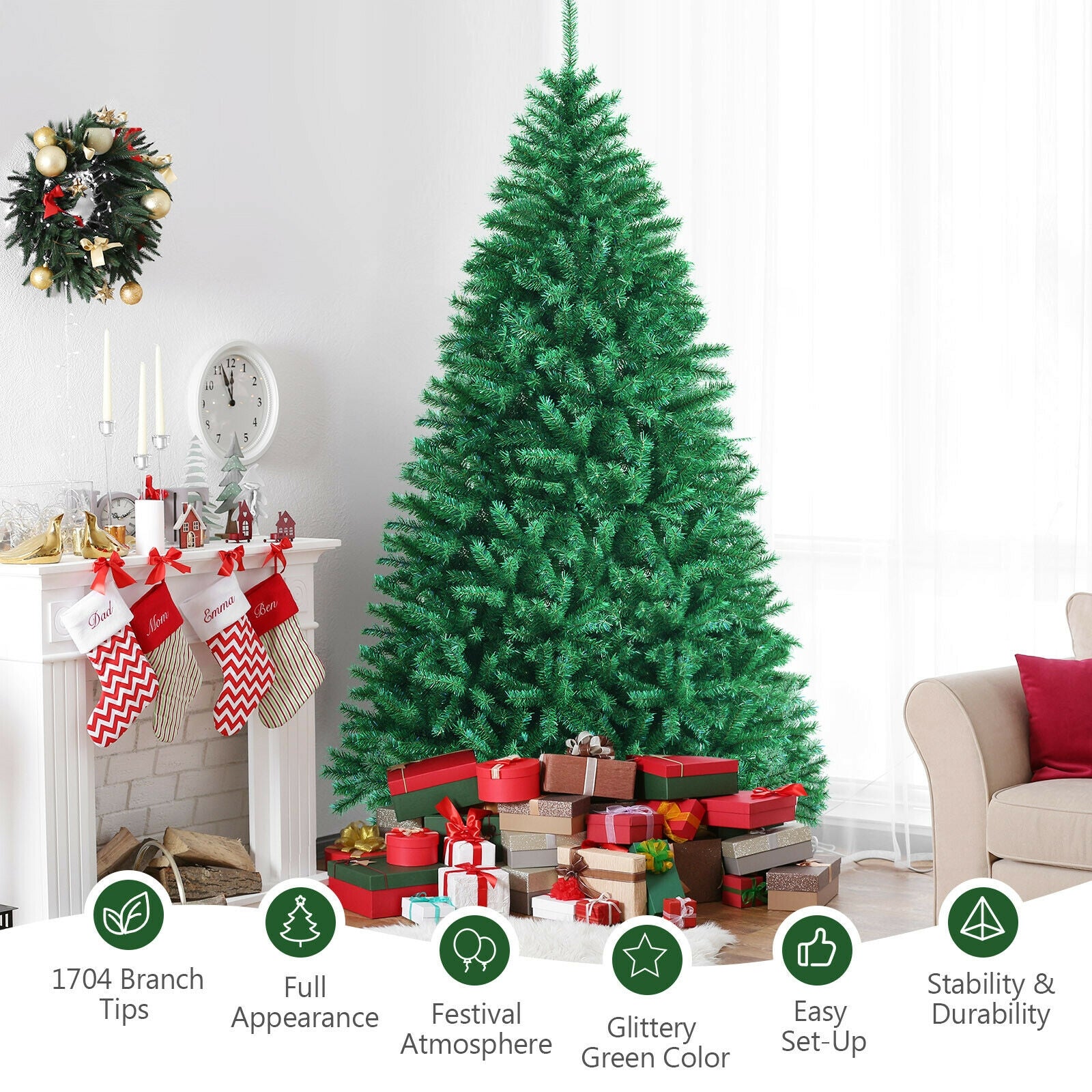 8 Feet Green Artificial Christmas Tree with 1704 Iridescent Branch Tips