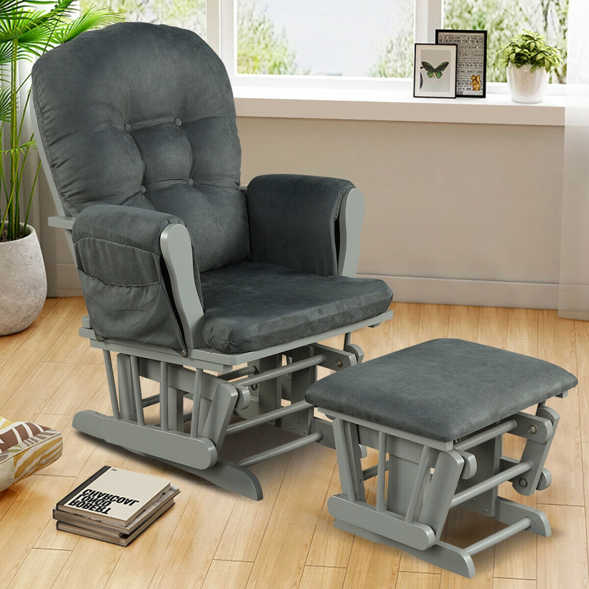 Wood Glider and Ottoman Set with Padded Armrests and Detachable Cushion-Dark GrayÂ 