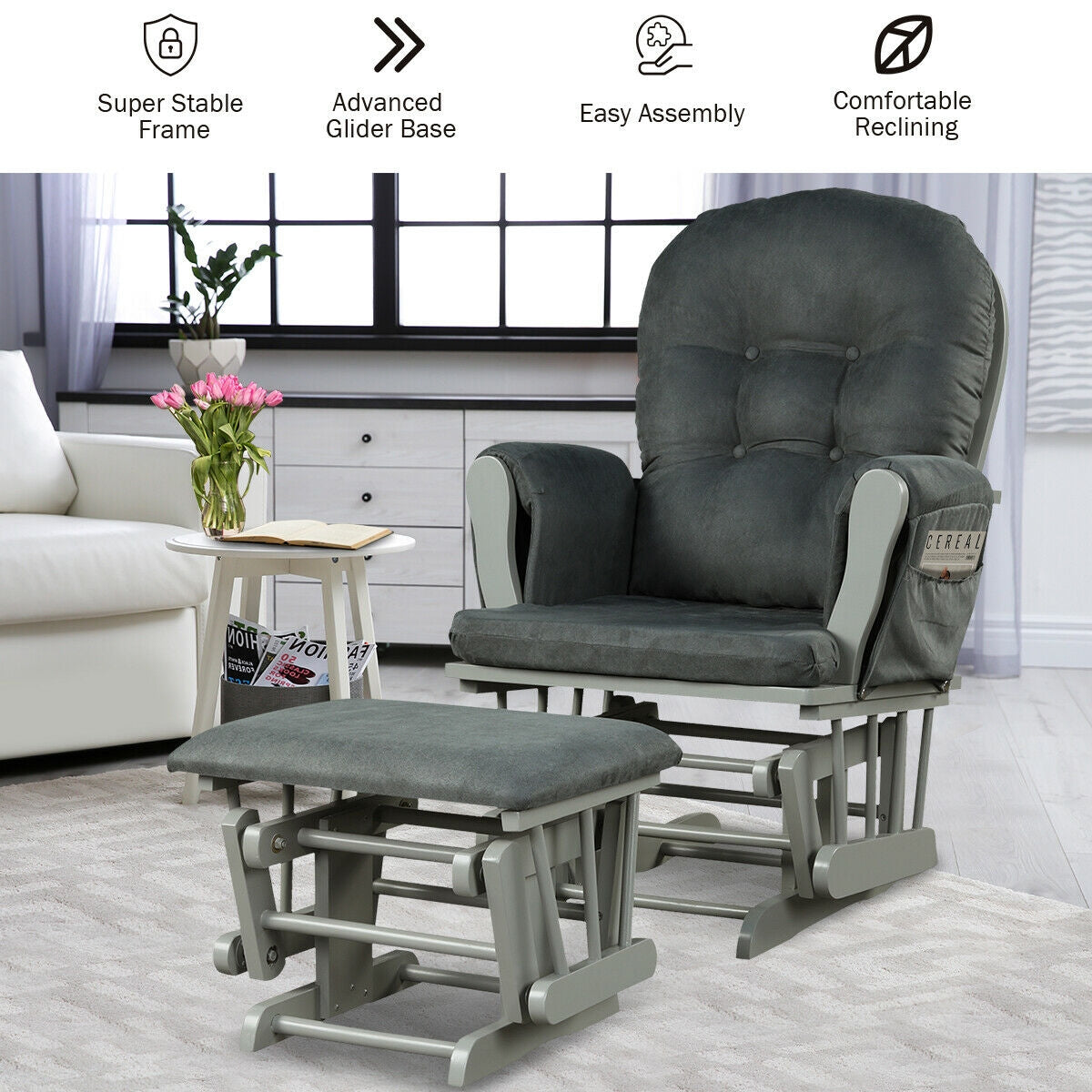 Wood Glider and Ottoman Set with Padded Armrests and Detachable Cushion-Dark Gray