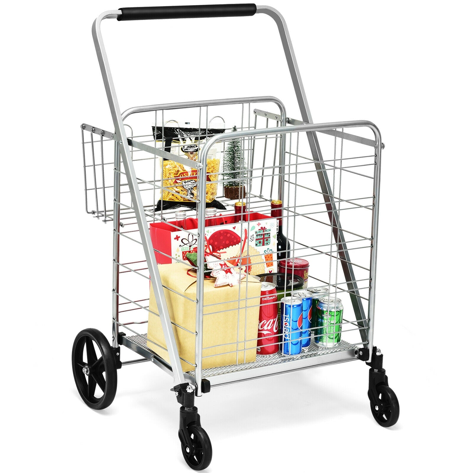 Heavy Duty Folding Utility Shopping Double Cart-Silver