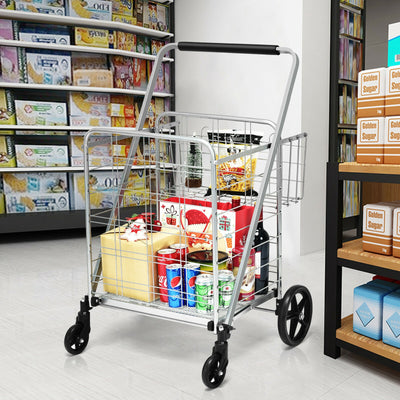 Heavy Duty Folding Utility Shopping Double Cart-SilverÂ 