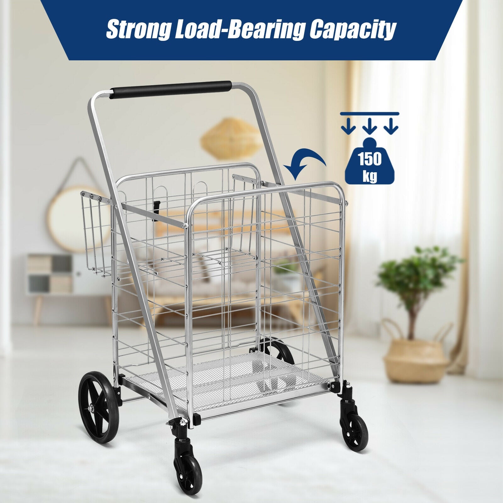 Heavy Duty Folding Utility Shopping Double Cart-Silver