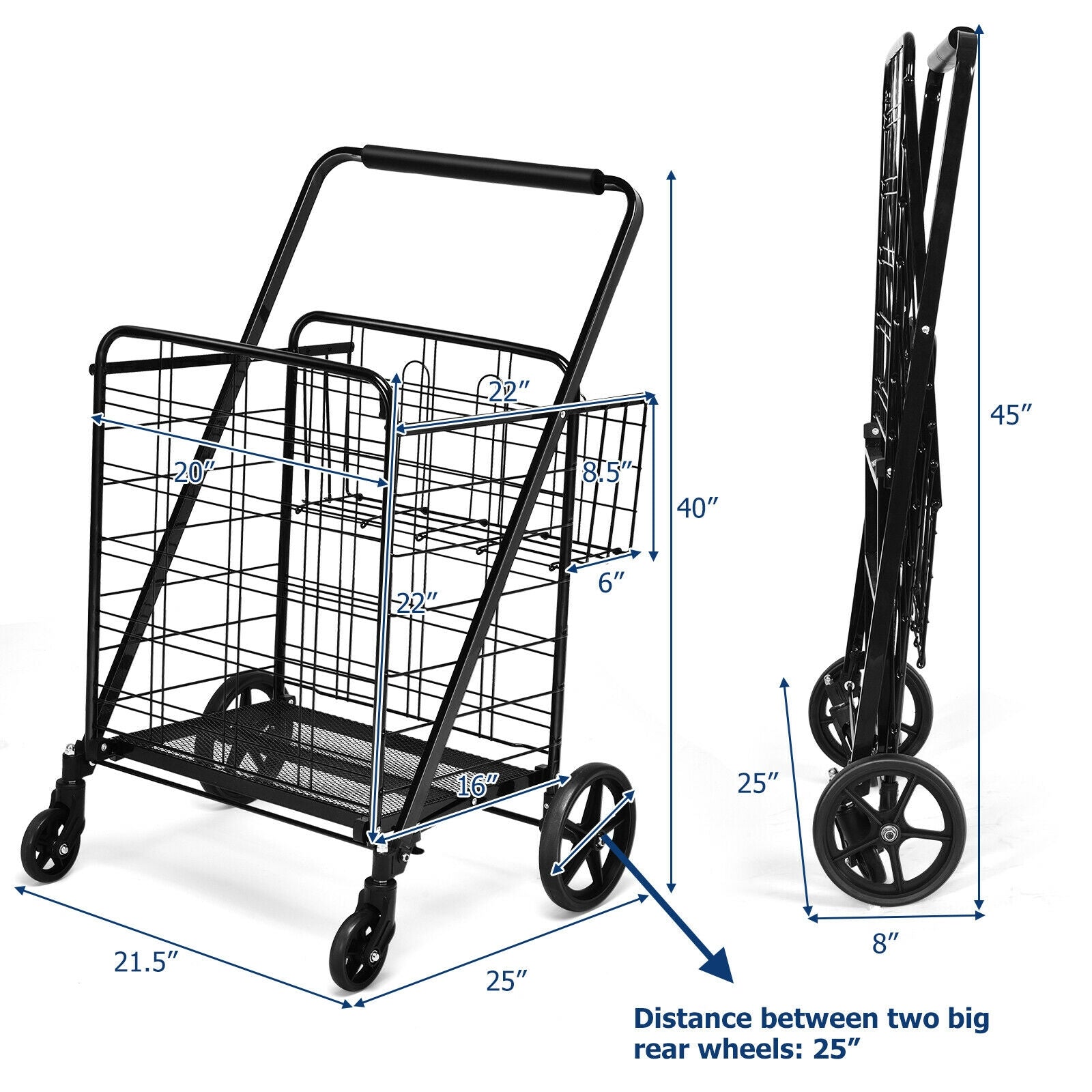 Heavy Duty Folding Utility Shopping Double Cart-Black