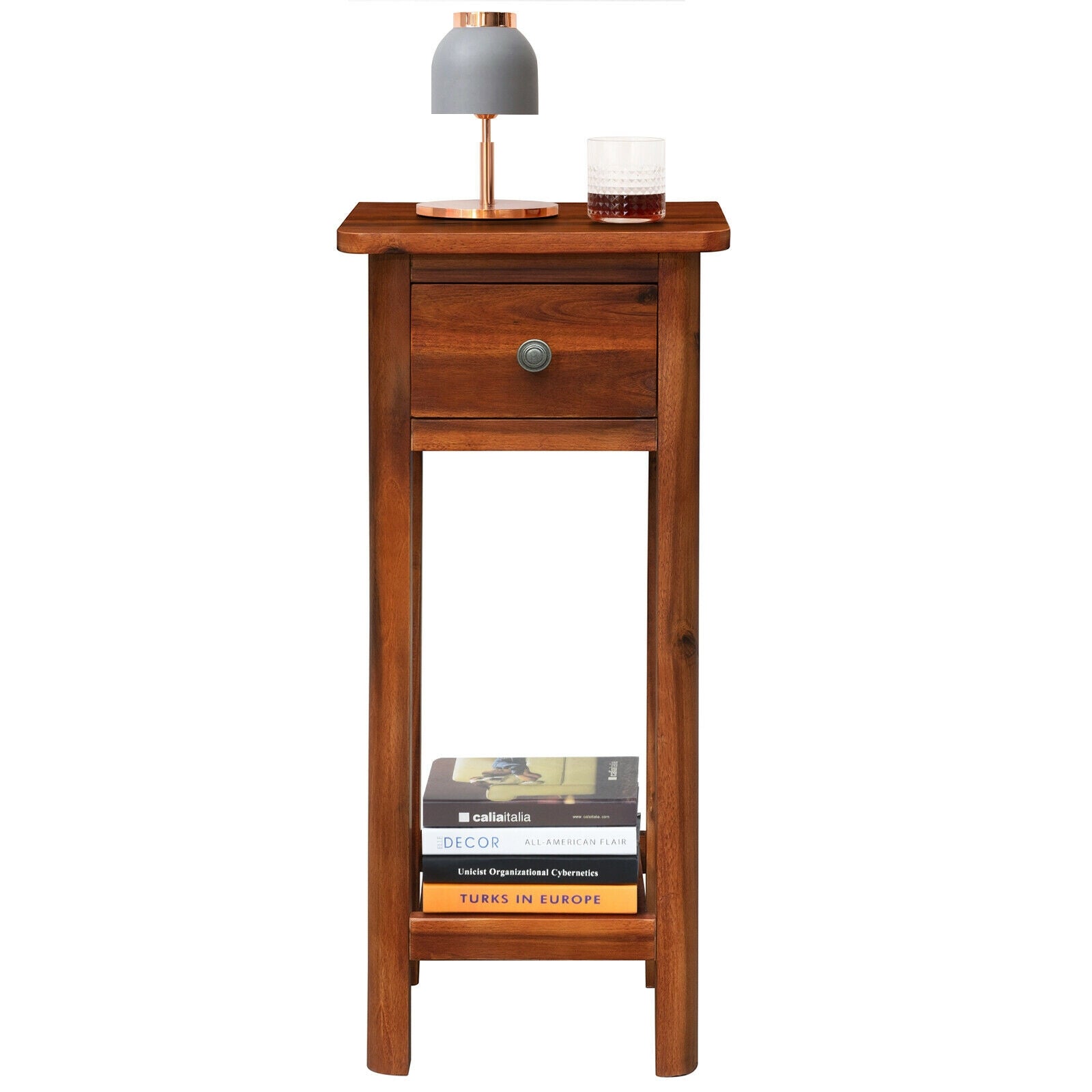 2 Tier End Bedside Table with Drawer Shelf-Brown