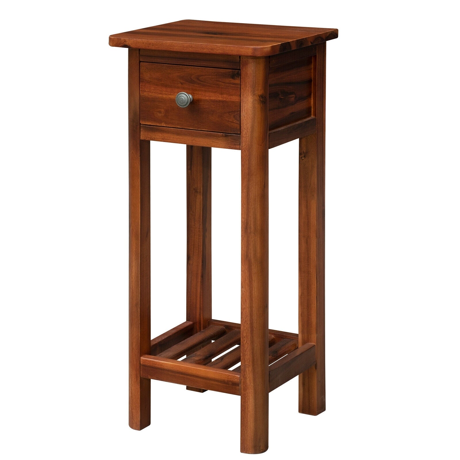 2 Tier End Bedside Table with Drawer Shelf-Brown