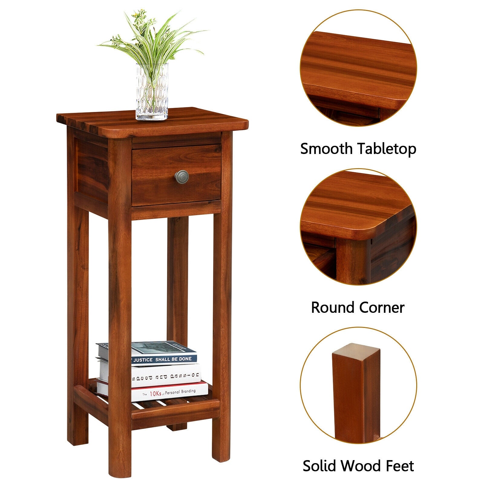 2 Tier End Bedside Table with Drawer Shelf-Brown