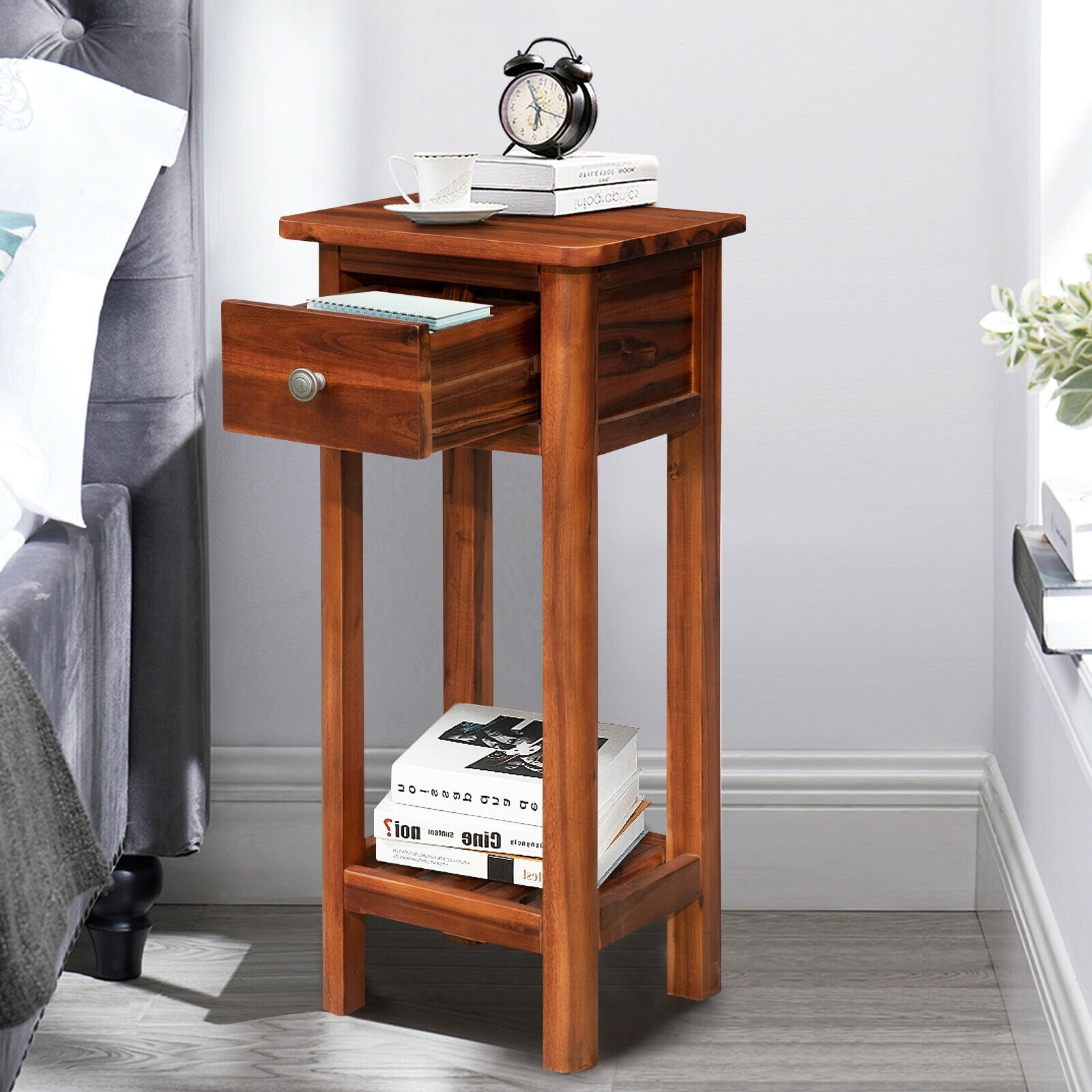 2 Tier End Bedside Table with Drawer Shelf-Brown