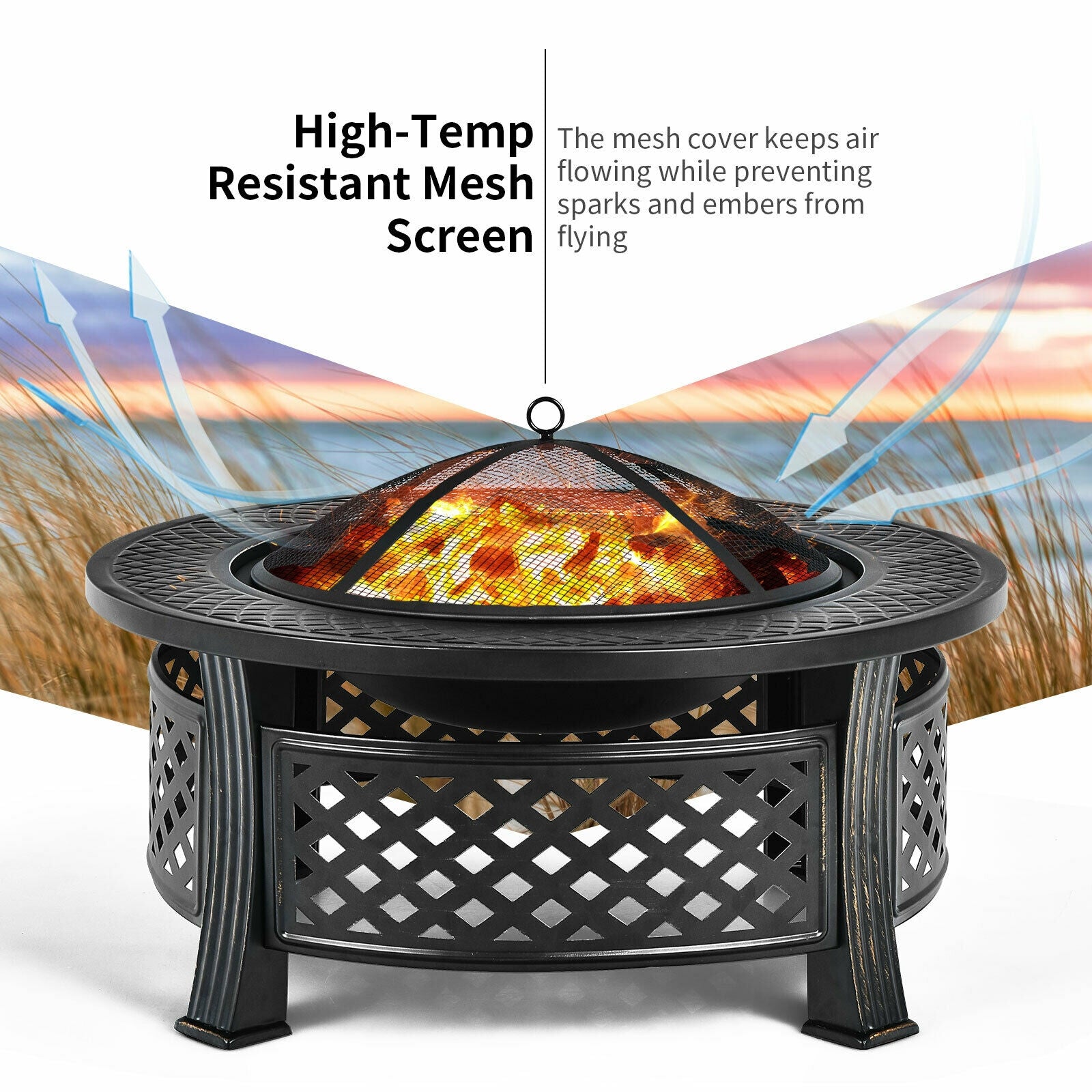 Outdoor Fire Pit with BBQ Grill and High-temp Resistance Finish