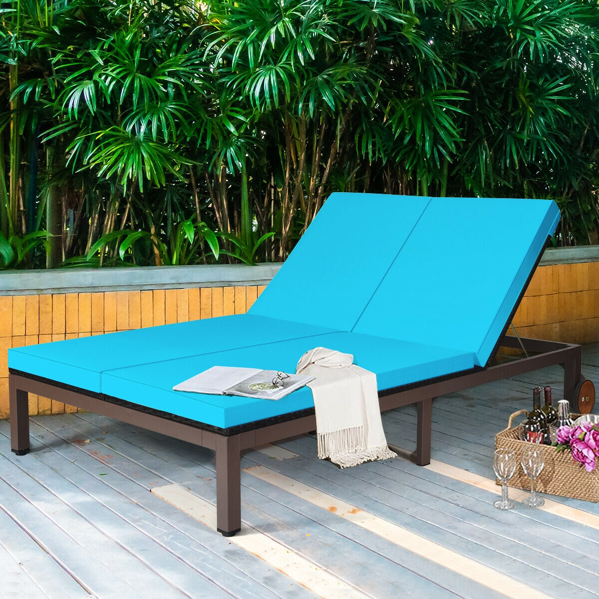 2-Person Patio Rattan Lounge Chair with Adjustable Backrest-TurquoiseÂ 