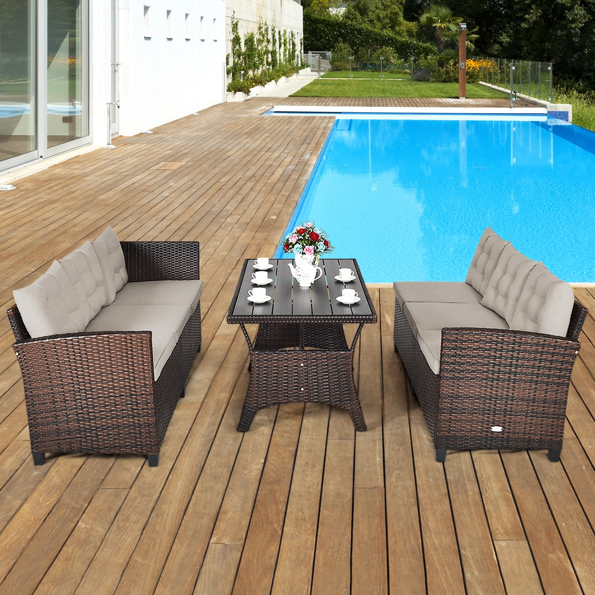 3 Pieces Hand-Woven Rattan Outdoor Sofa Set with Dining Table