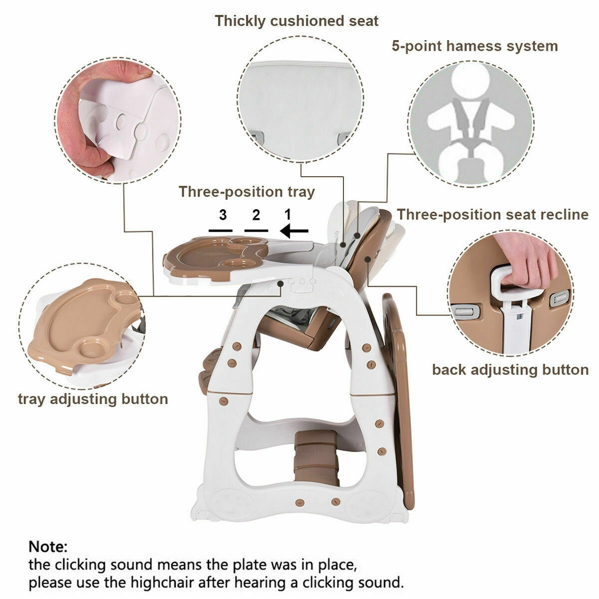 3 in 1 Infant Table and Chair Set Baby High Chair-Brown