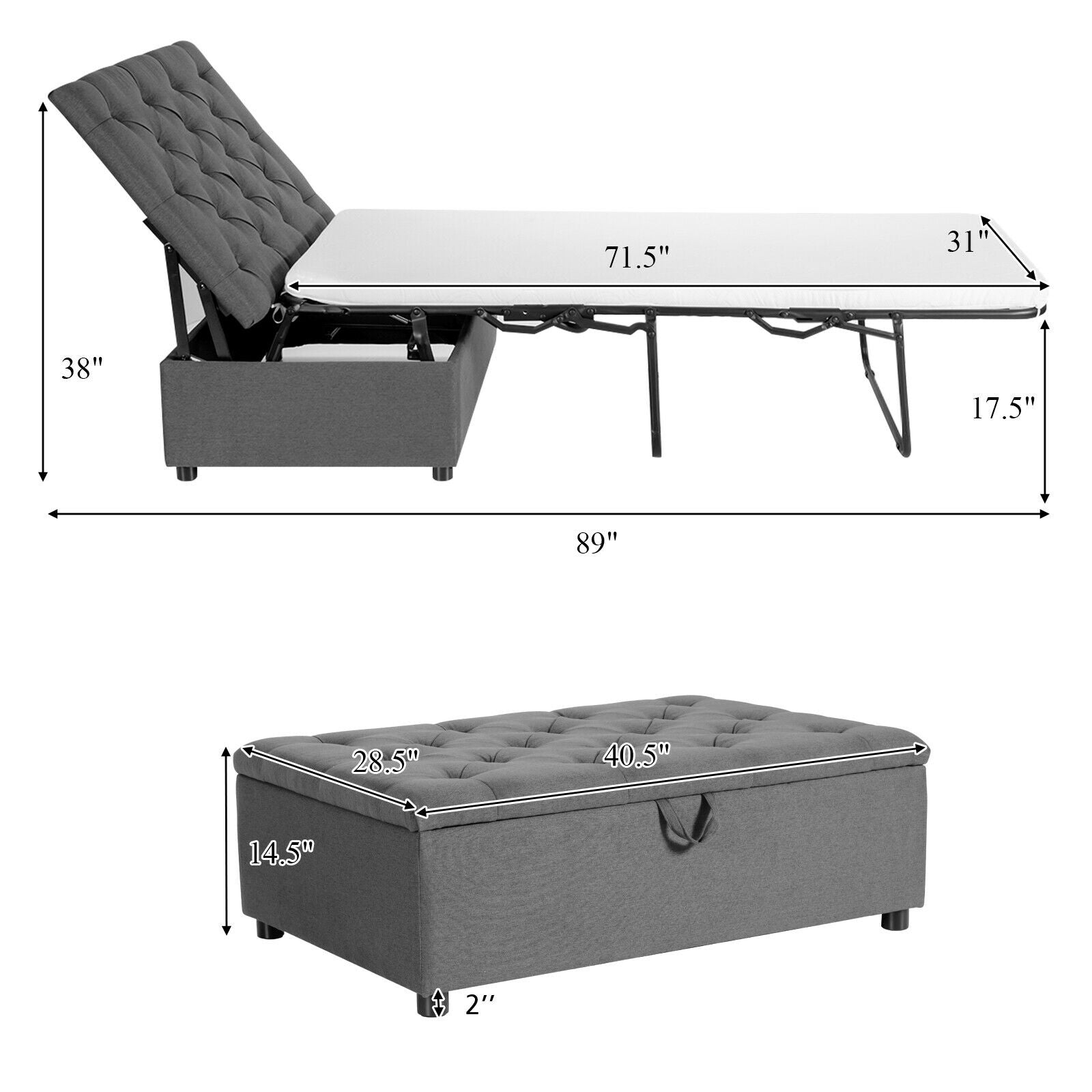 Folding Ottoman Sleeper Bed with Mattress for Guest Bed and Office Nap-Gray