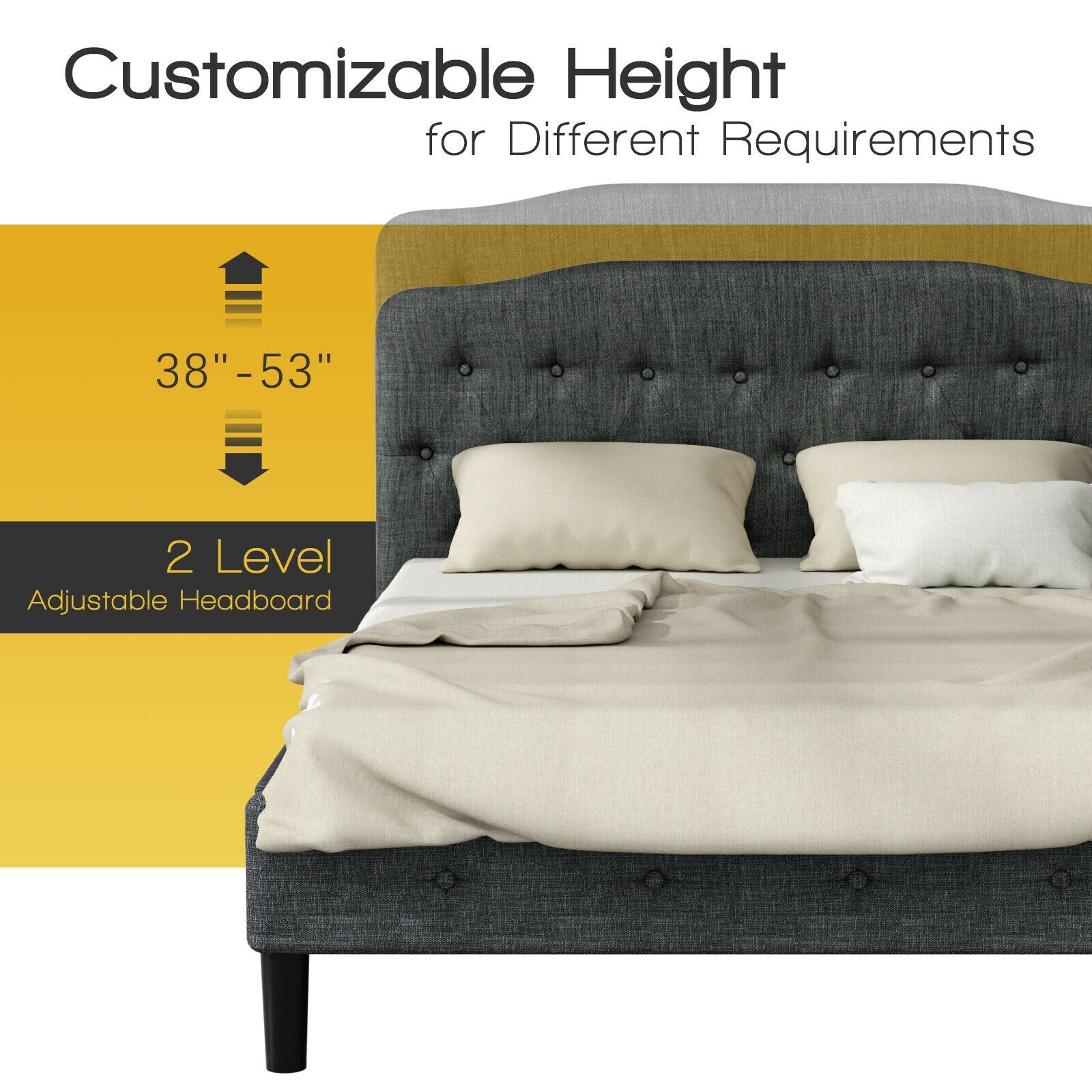 Queen Upholstered Headboard with Adjustable Heights-Dark Gray