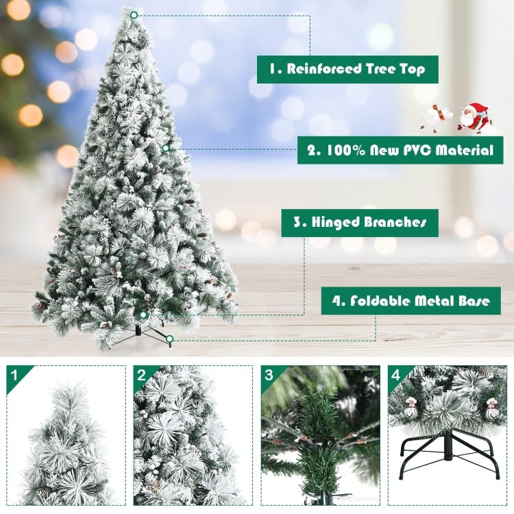 8 Feet Snow Flocked Christmas Tree Glitter Tips with Pine Cone and Red Berries