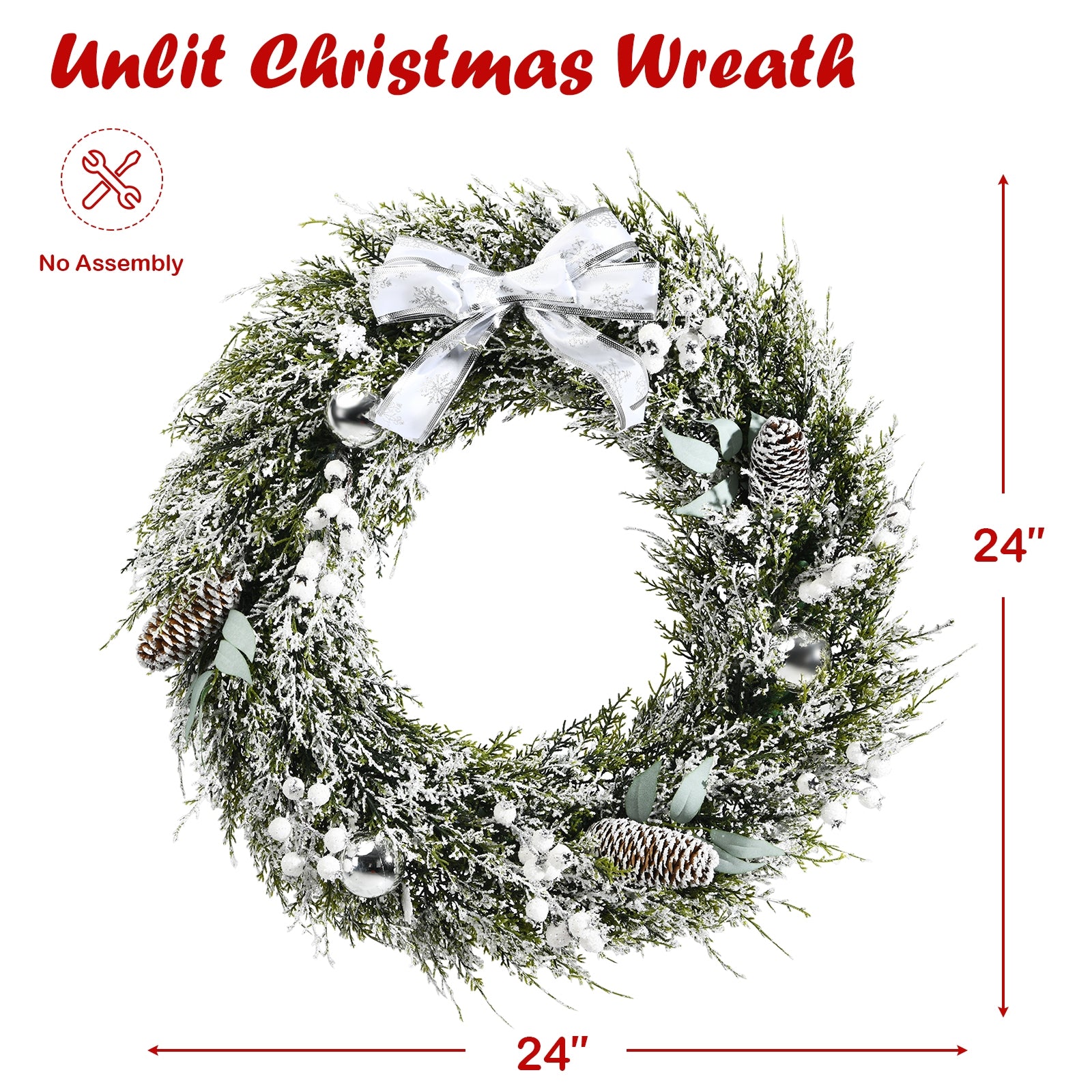 24 Inch Snowy Artificial Christmas PE Wreath with Pine Cones