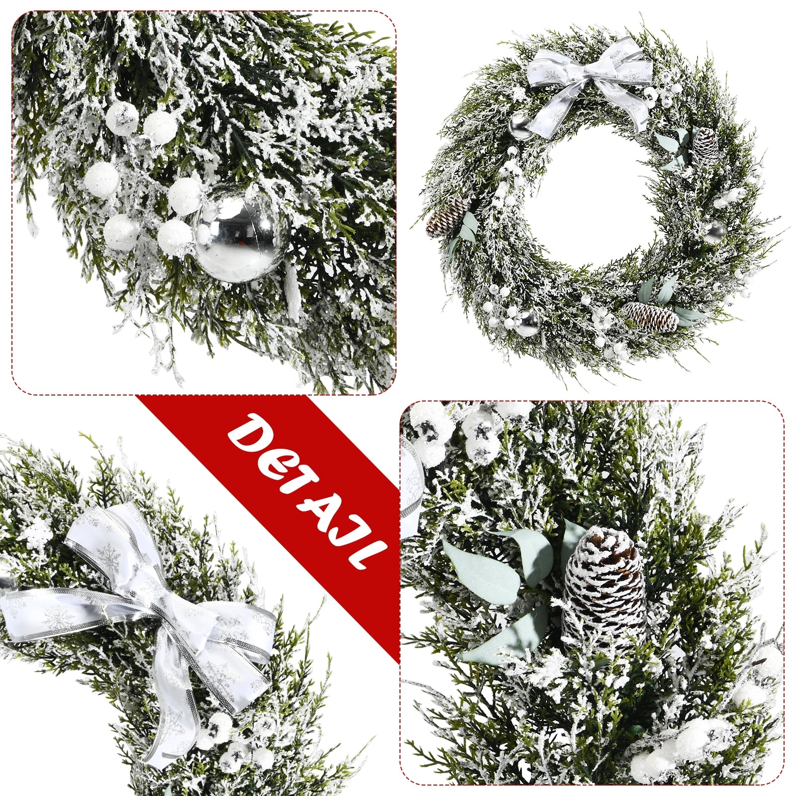 24 Inch Snowy Artificial Christmas PE Wreath with Pine Cones