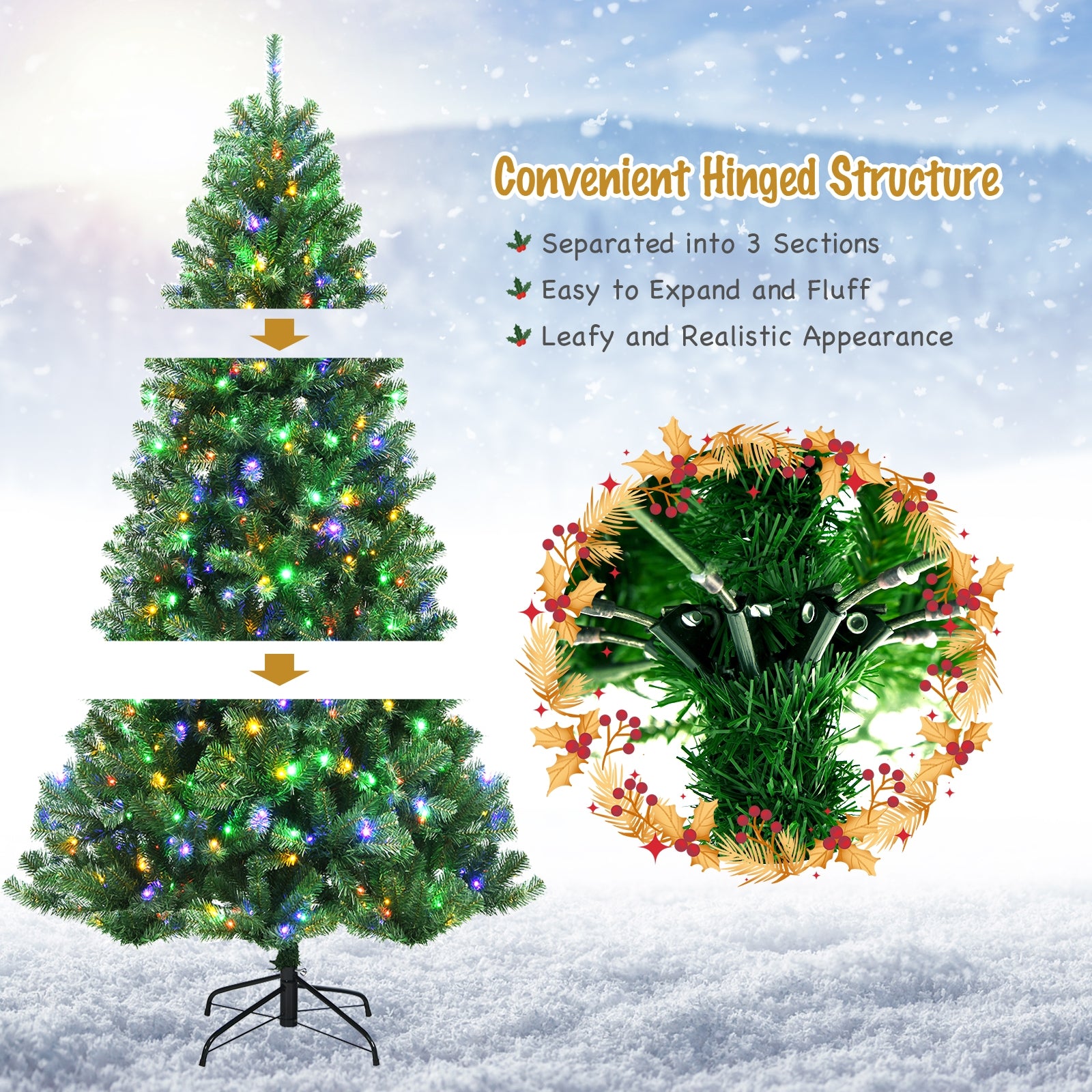 Artificial Hinged Christmas Tree with Remote-controlled Color-changing LED Lights-8'