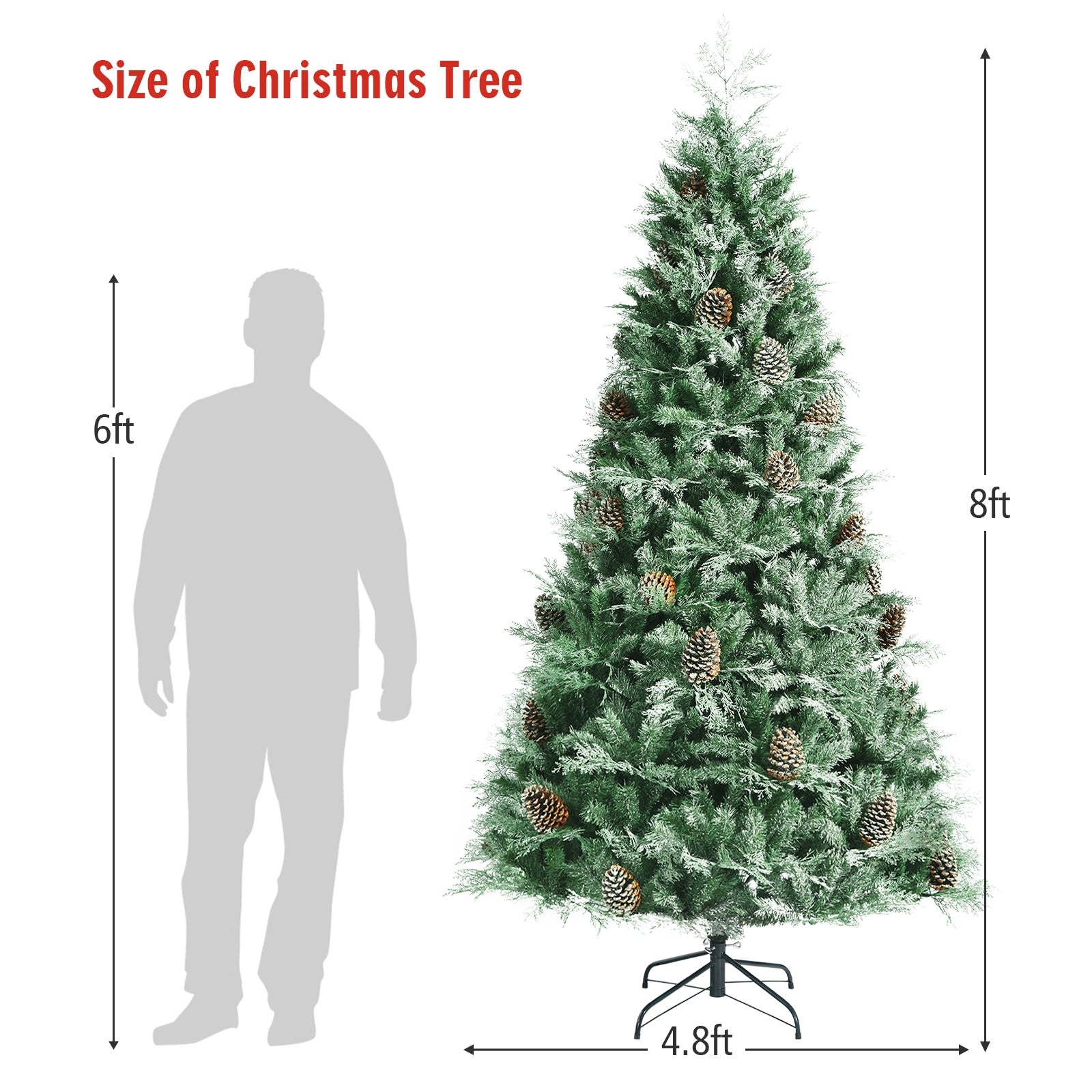 8 Feet Snow Flocked Hinged Christmas Tree with 1651 Branch Tips and Pine Cones