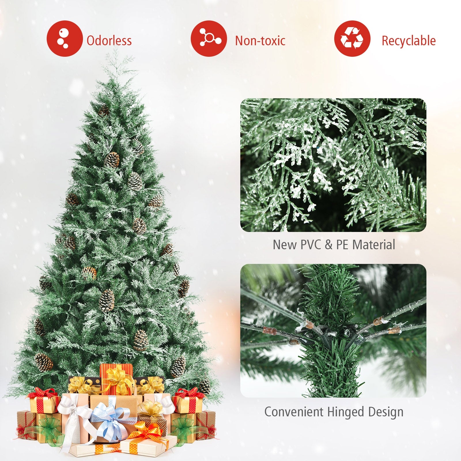 8 Feet Snow Flocked Hinged Christmas Tree with 1651 Branch Tips and Pine Cones