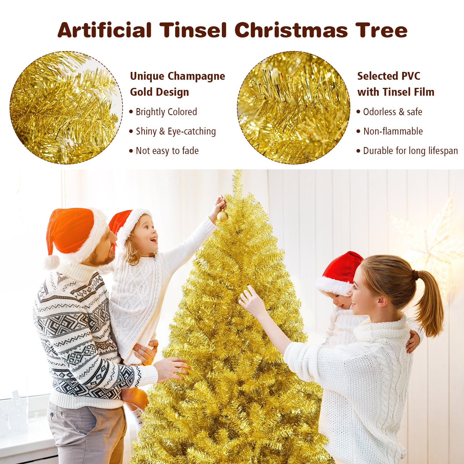 6/7.5 Feet Artificial Tinsel Christmas Tree Hinged with Foldable Stand-7.5 ft