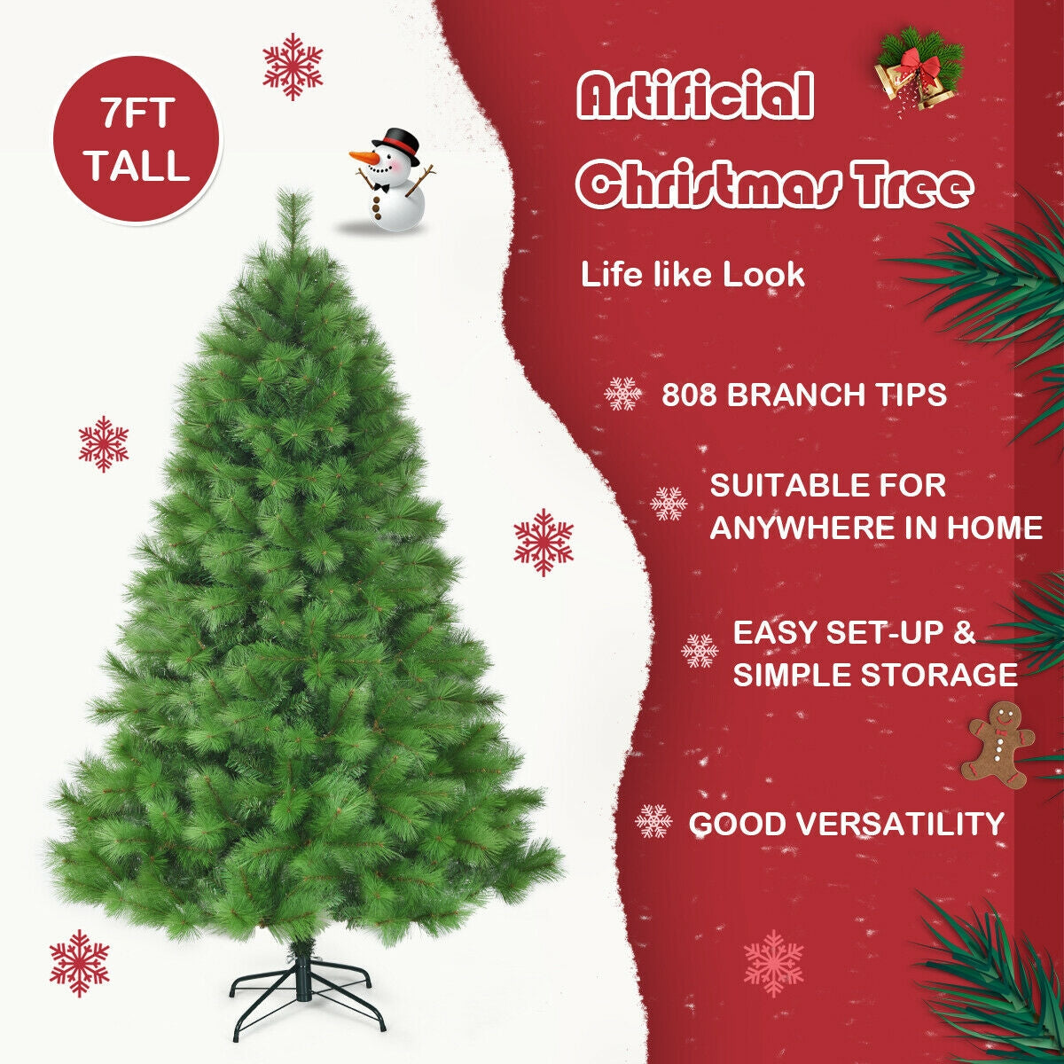 7 Feet Hinged Artificial Christmas Tree Holiday Decoration with Stand