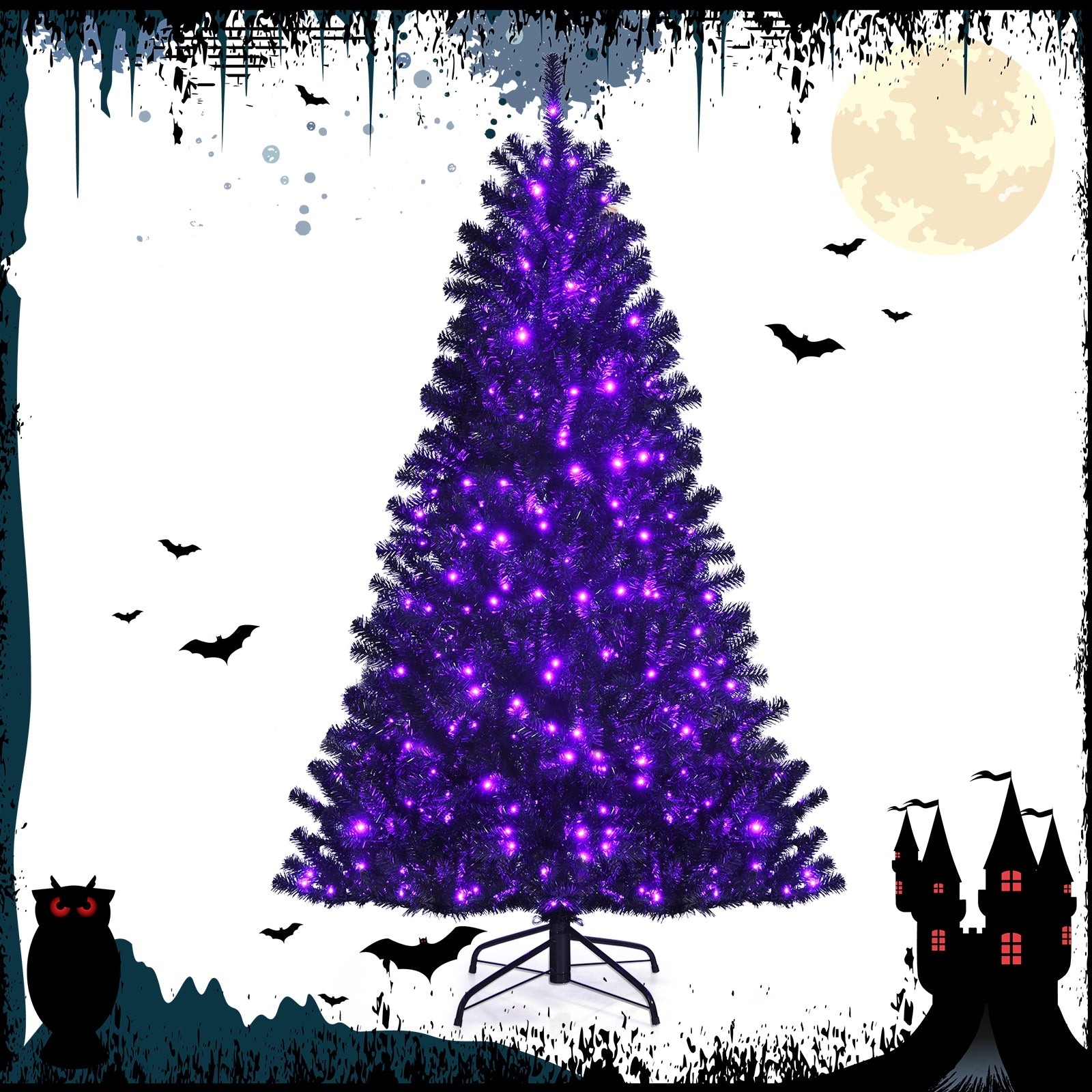 Black Artificial Christmas Halloween Tree with Purple LED Lights-6'