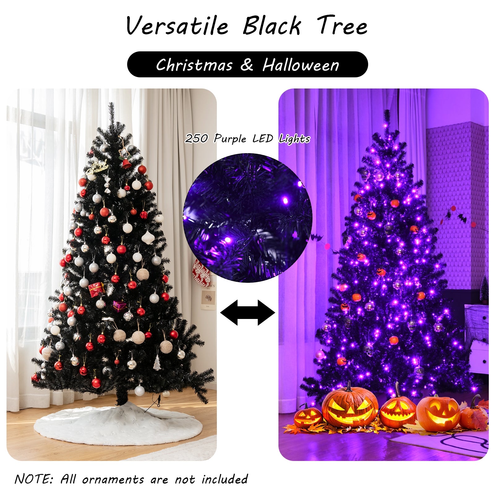 Black Artificial Christmas Halloween Tree with Purple LED Lights-6'