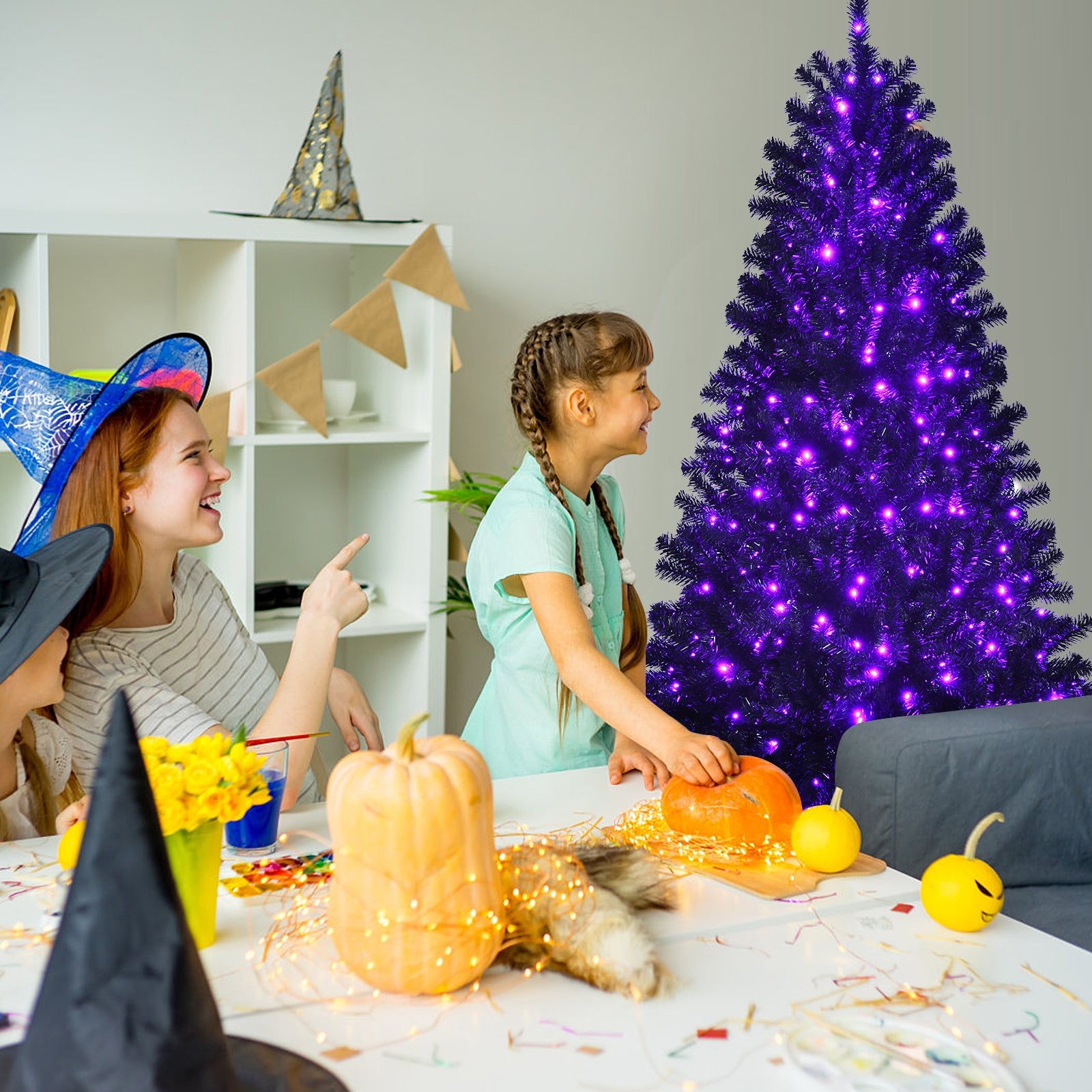 Black Artificial Christmas Halloween Tree with Purple LED Lights-6'