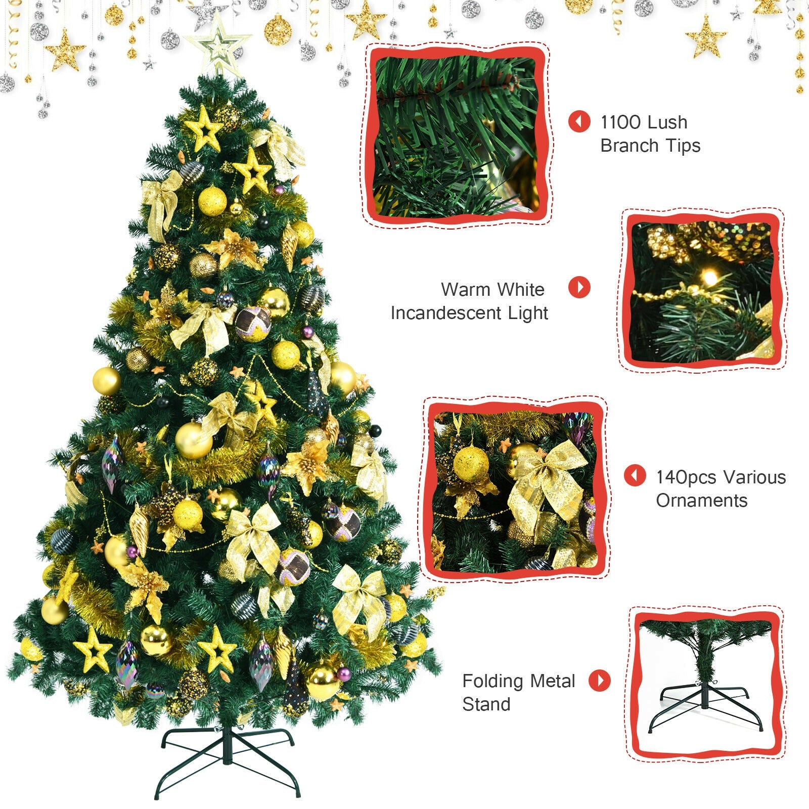 Pre-Lit Artificial Christmas Tree wIth Ornaments and Lights