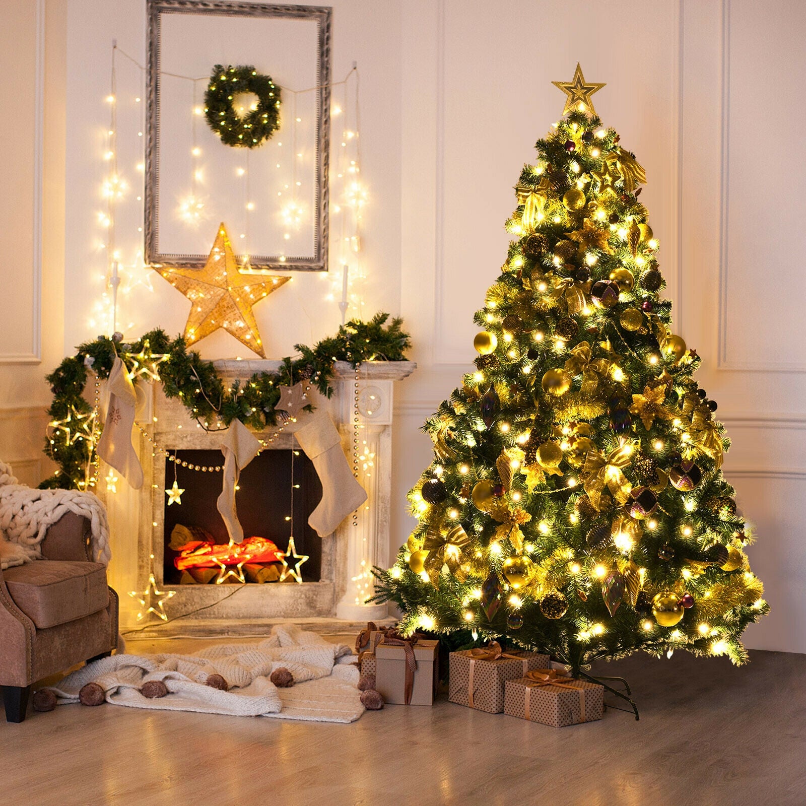 Pre-Lit Artificial Christmas Tree wIth Ornaments and Lights