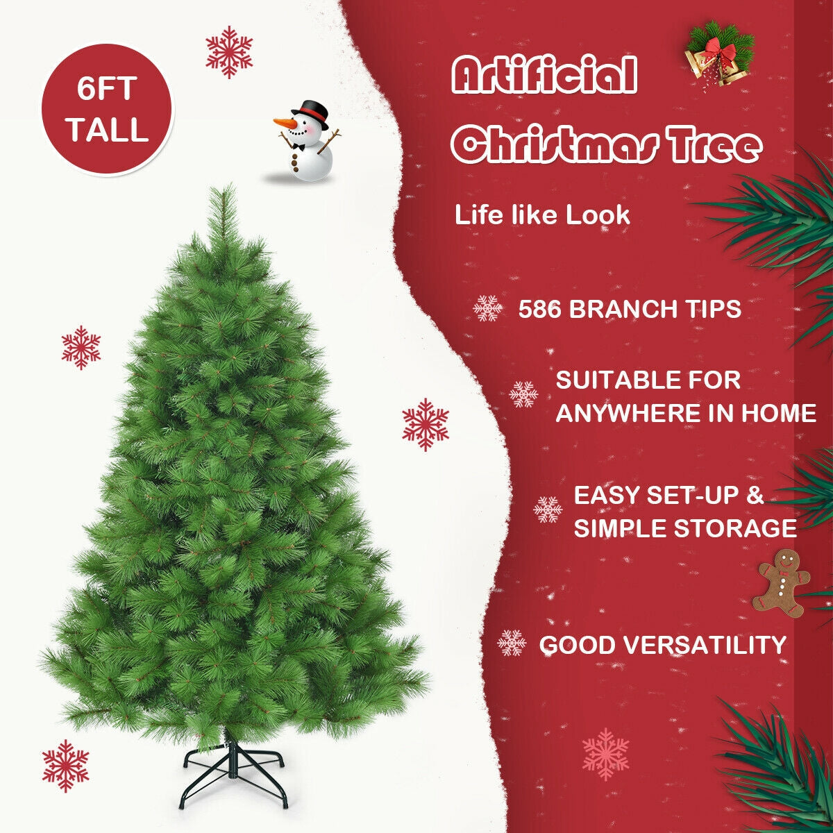 6 Feet Hinged Artificial Christmas Tree Holiday Decoration with Stand