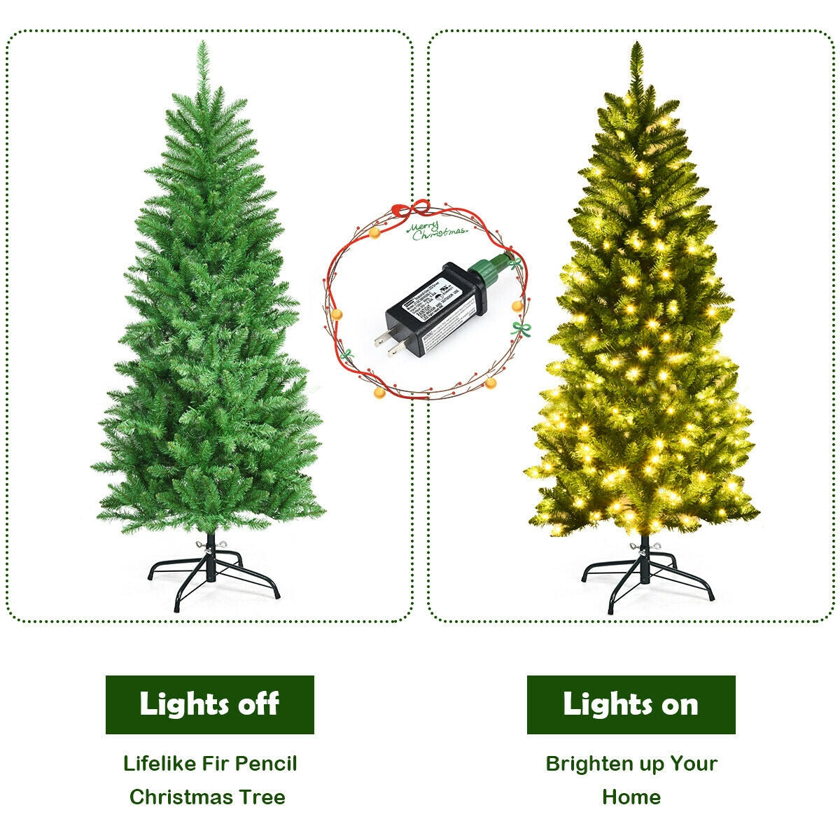 5 Feet PVC Hinged Pre-Lit Artificial Fir Pencil Christmas Tree with 150 Lights-5 ft