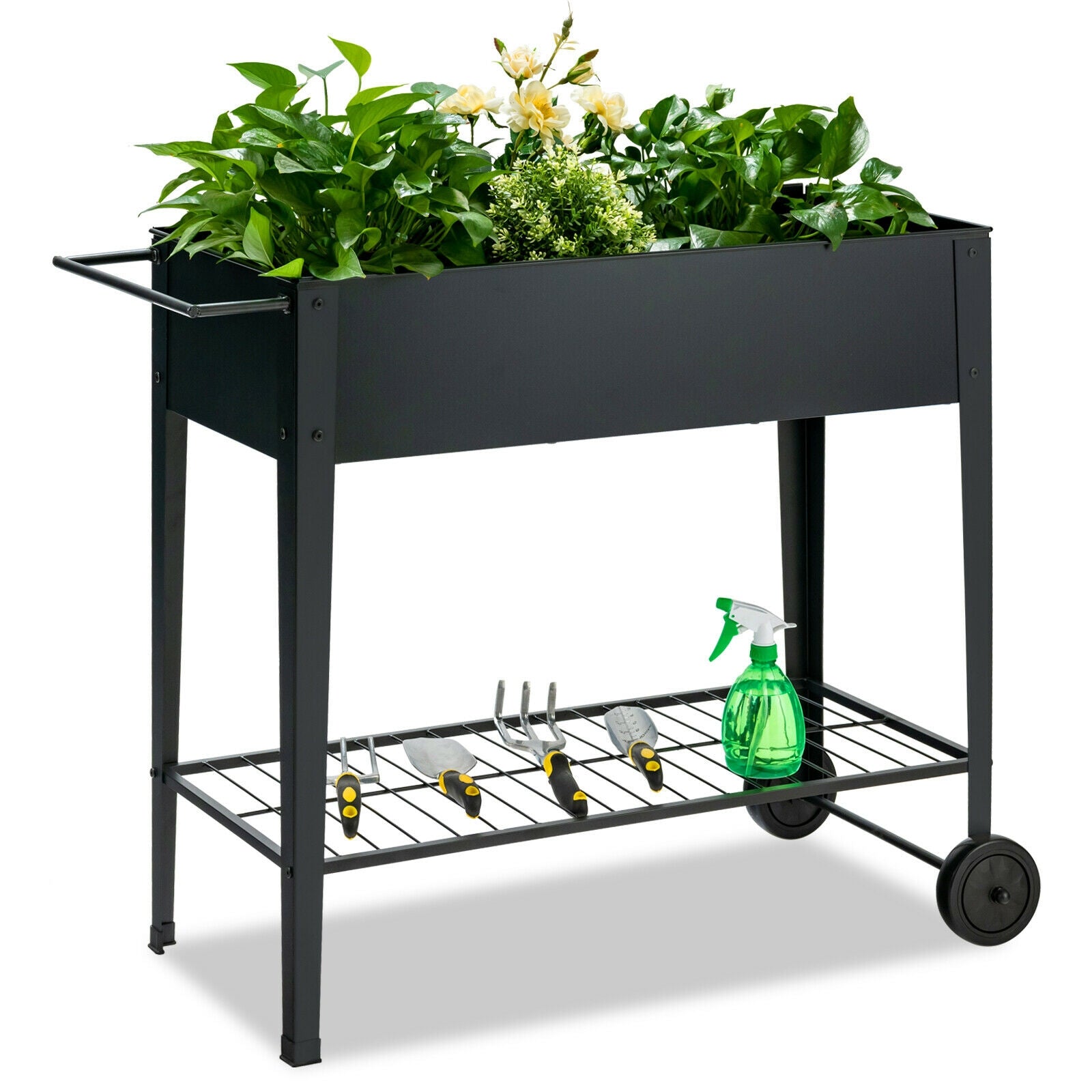 Raised Garden Bed Elevated Planter Box on Wheels Steel Planter with Shelf-Black