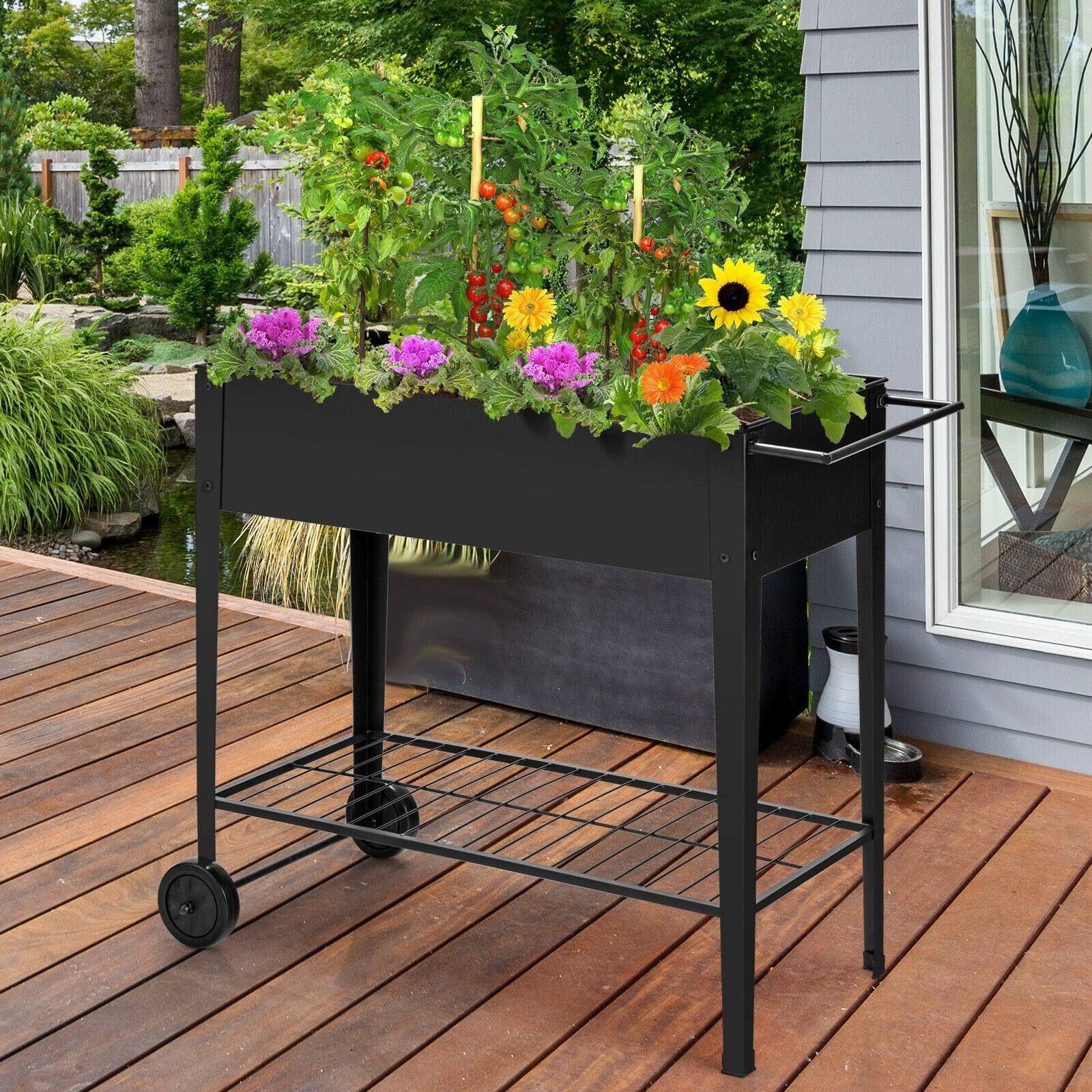 Raised Garden Bed Elevated Planter Box on Wheels Steel Planter with Shelf-Black