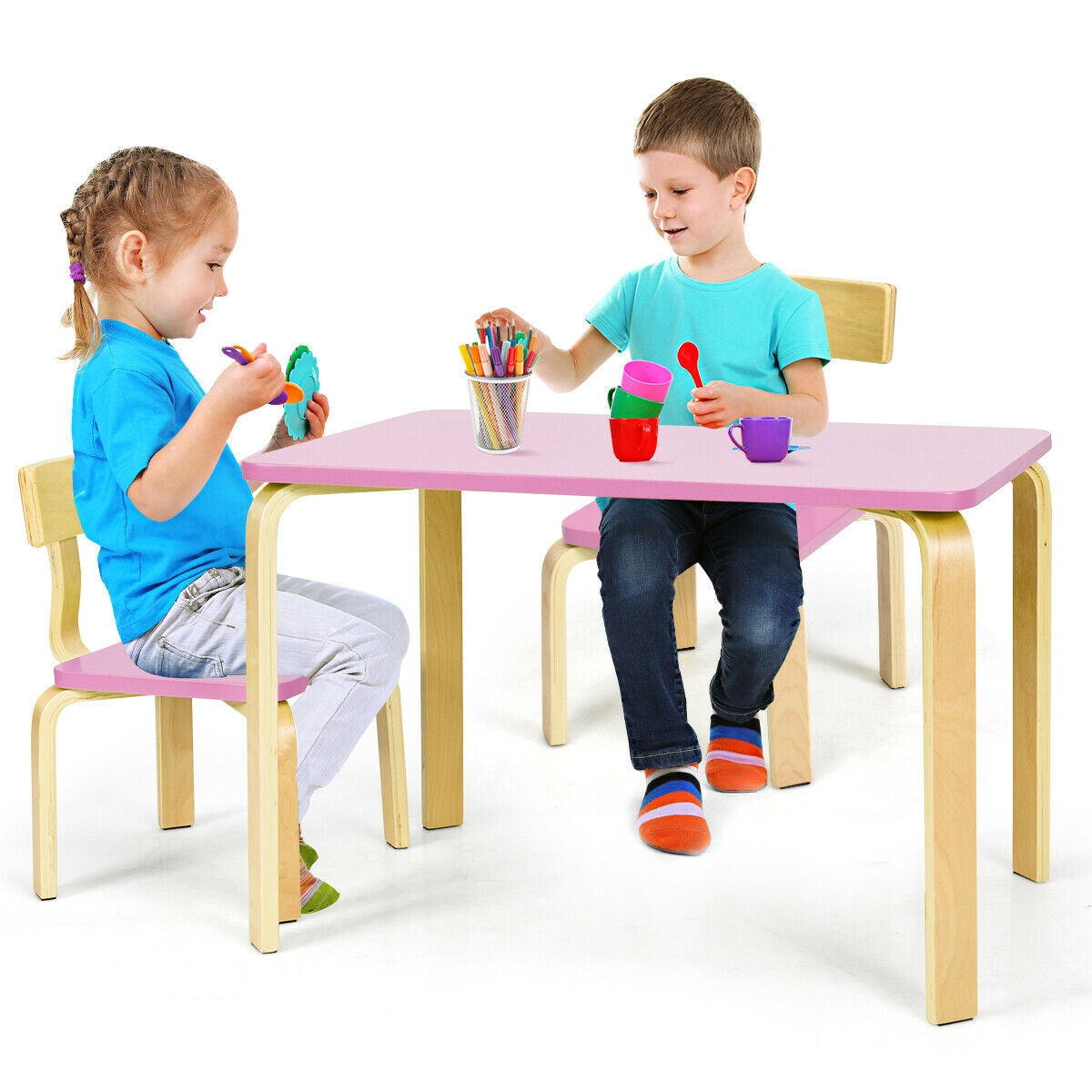 3 Piece Kids Wooden Activity Table and 2 Chairs Set-Pink