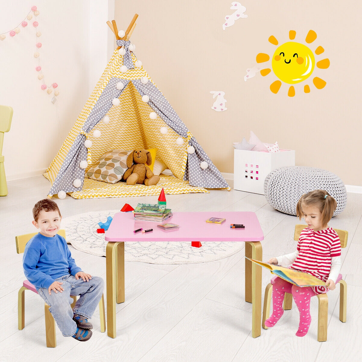 3 Piece Kids Wooden Activity Table and 2 Chairs Set-Pink