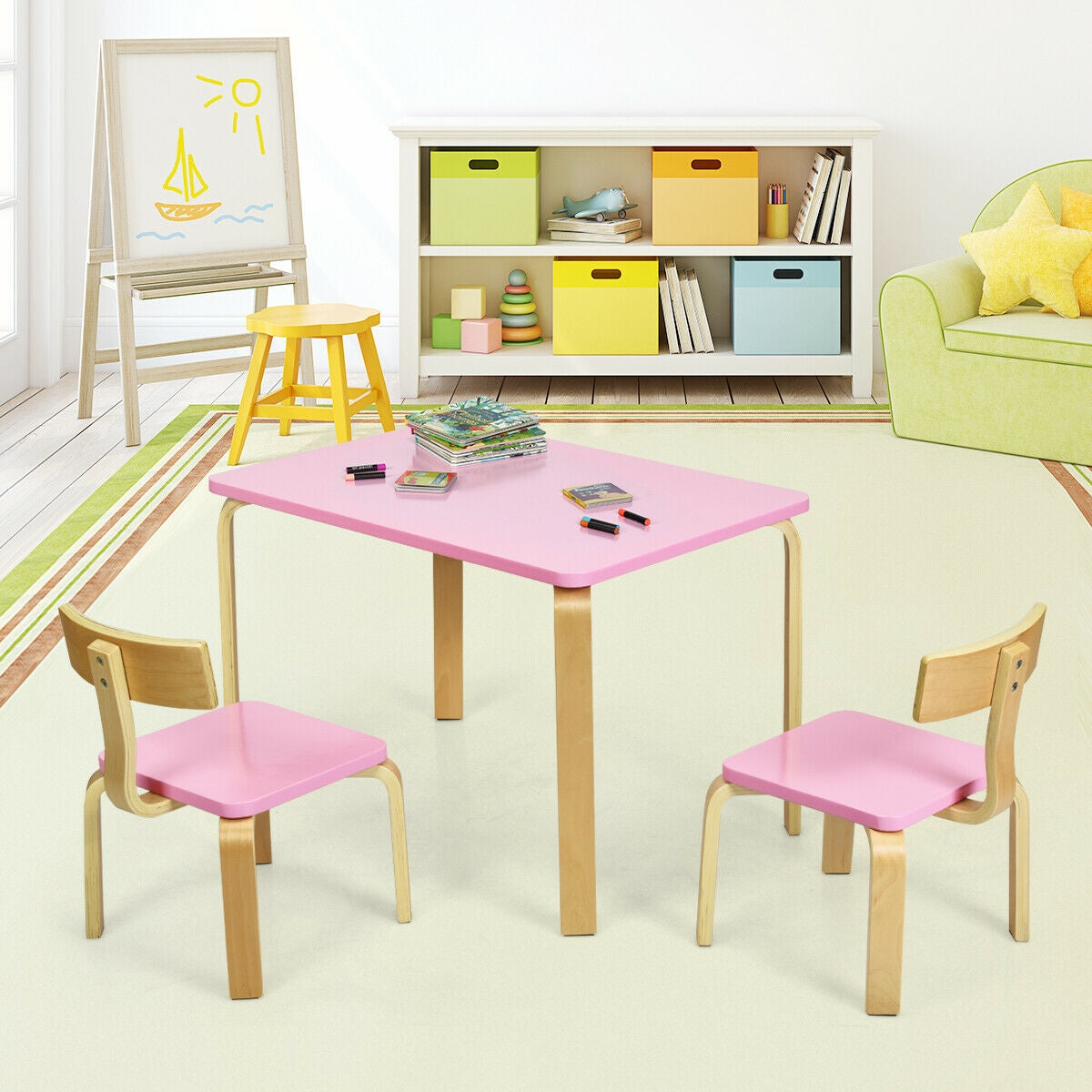 3 Piece Kids Wooden Activity Table and 2 Chairs Set-Pink