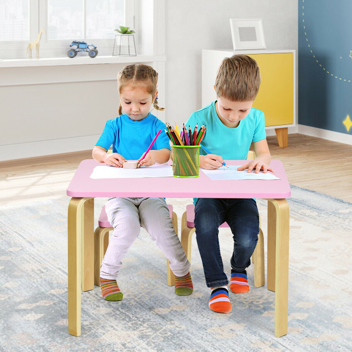 3 Piece Kids Wooden Activity Table and 2 Chairs Set-Pink