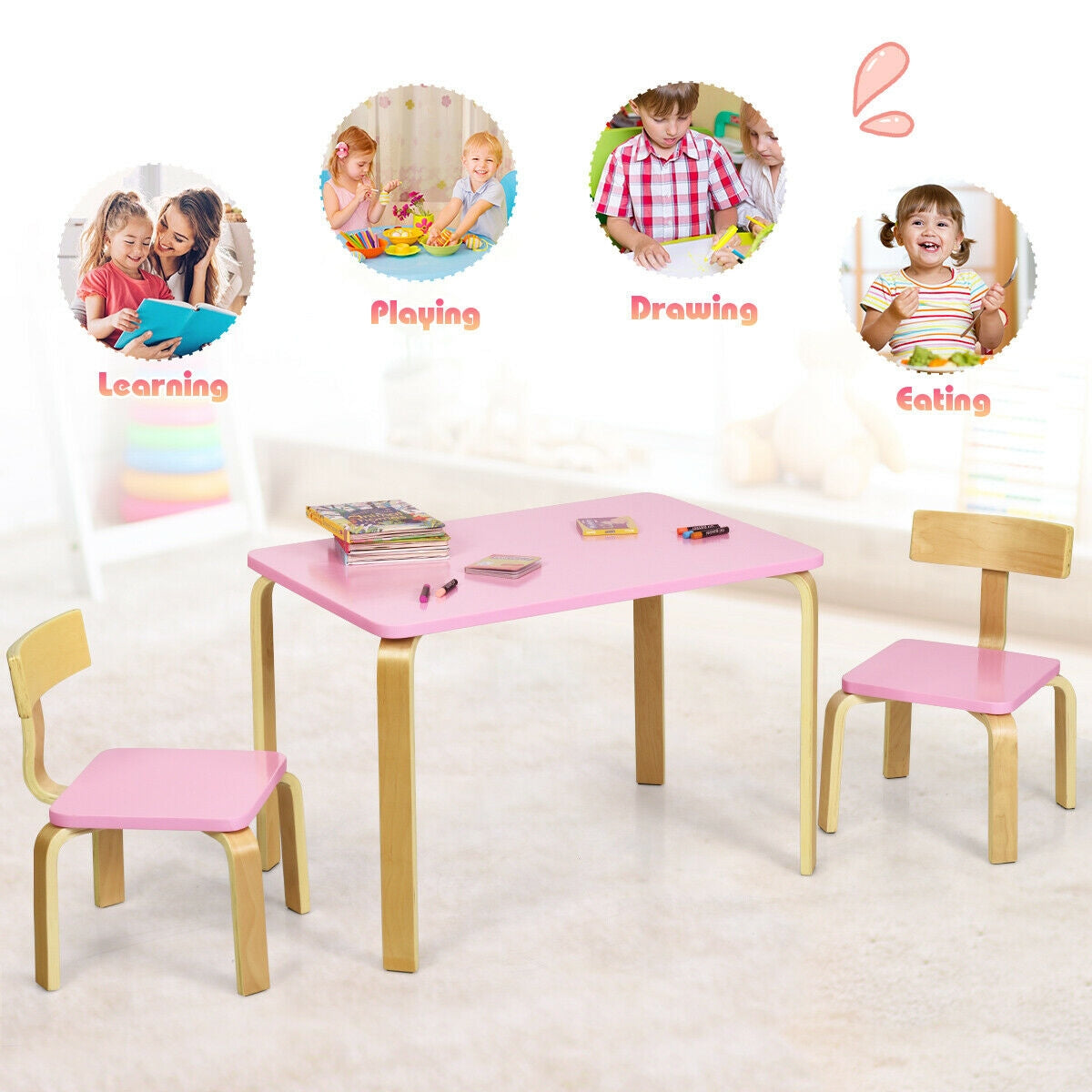 3 Piece Kids Wooden Activity Table and 2 Chairs Set-Pink