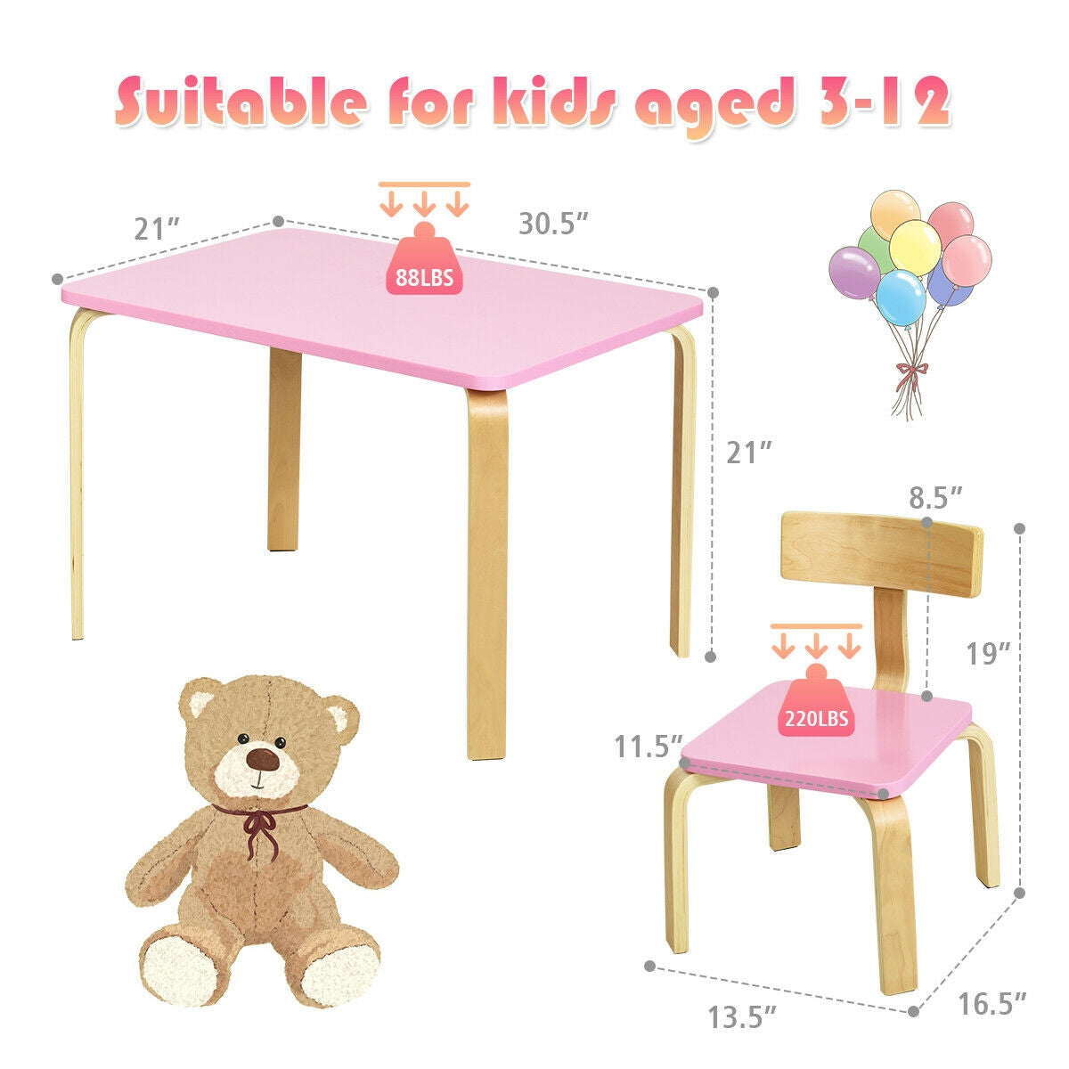 3 Piece Kids Wooden Activity Table and 2 Chairs Set-Pink