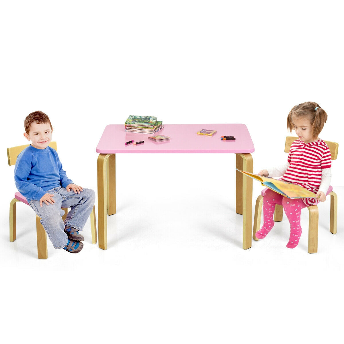 3 Piece Kids Wooden Activity Table and 2 Chairs Set-Pink