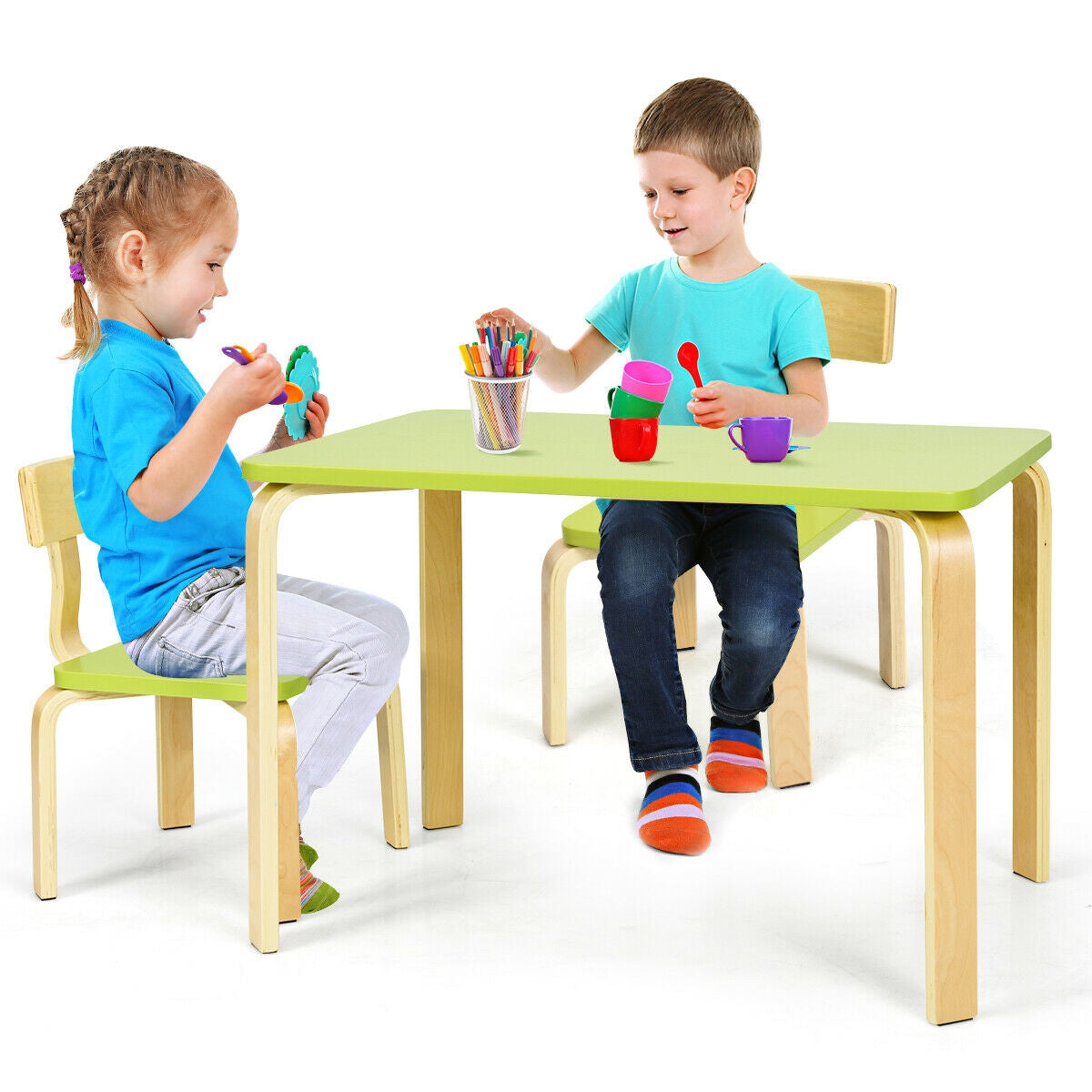 3 Piece Kids Wooden Activity Table and 2 Chairs Set-Green