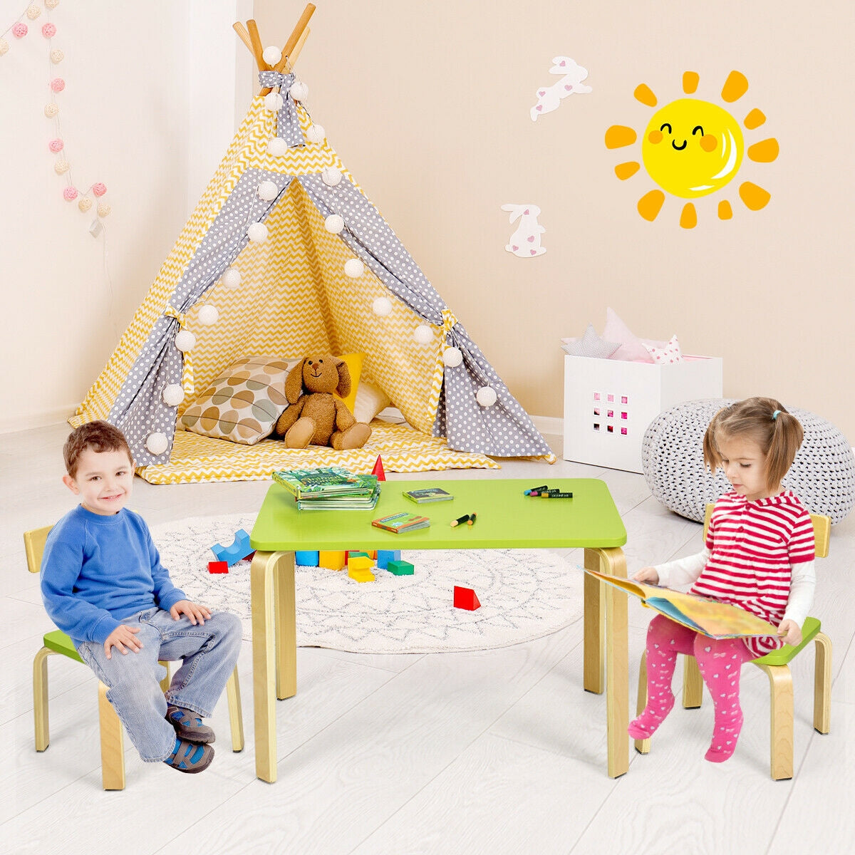 3 Piece Kids Wooden Activity Table and 2 Chairs Set-Green