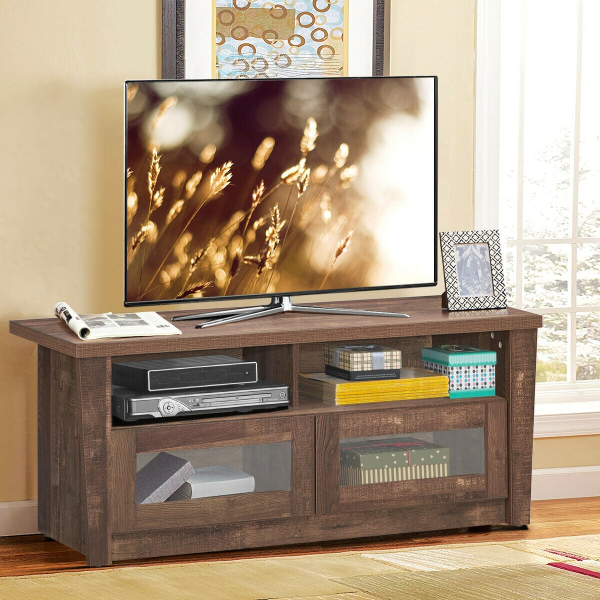 Wooden TV Stand with 2 Open Shelves and 2 Door Cabinets