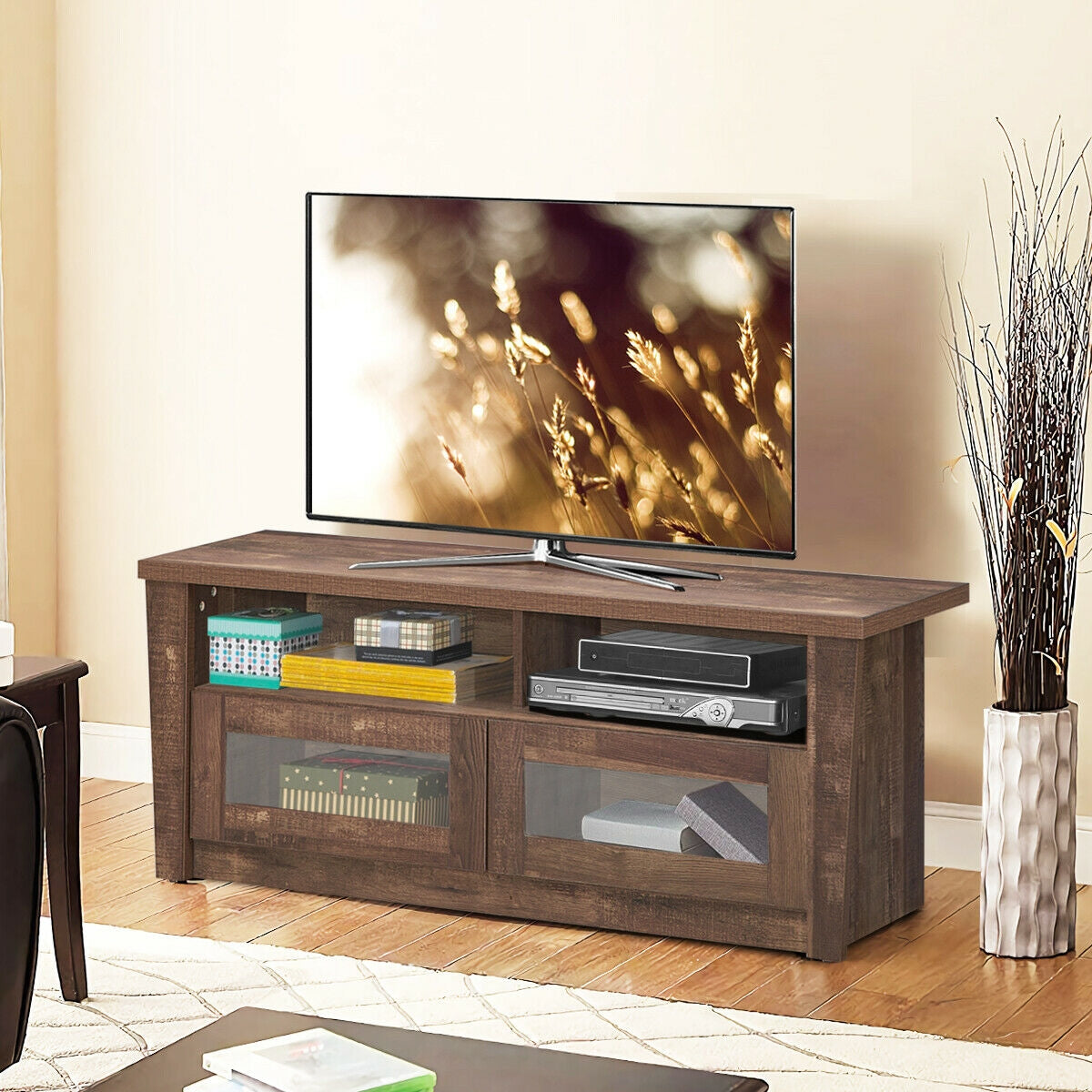 Wooden TV Stand with 2 Open Shelves and 2 Door Cabinets