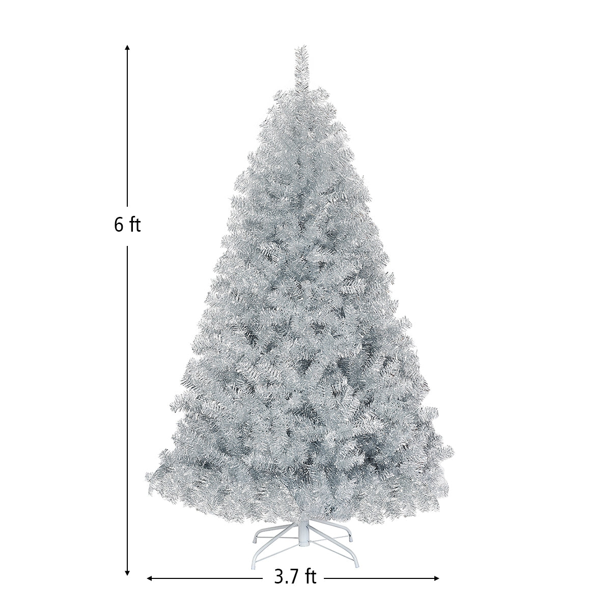 6 Feet Hinged Unlit Artificial Silver Tinsel Christmas Tree with Metal Stand