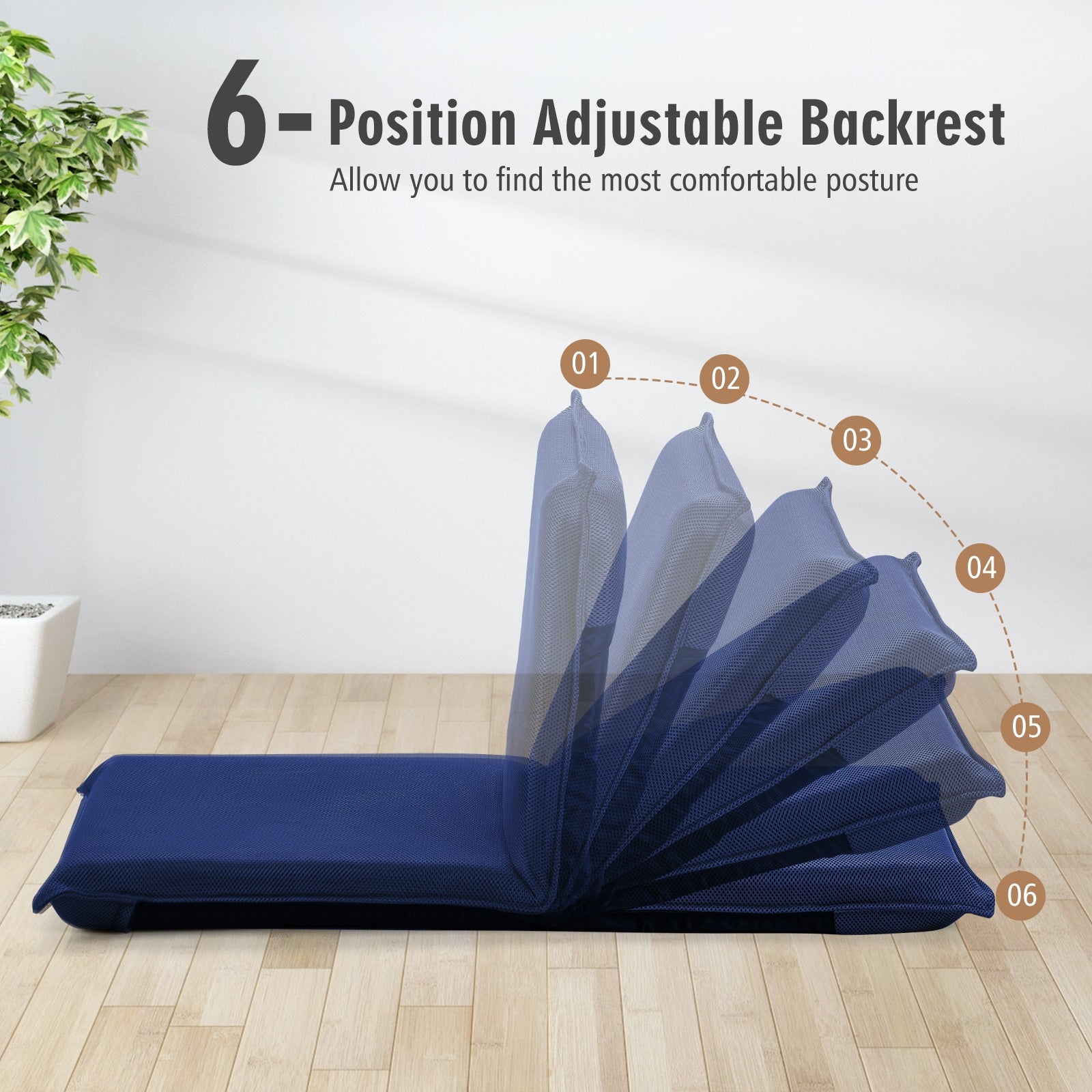 Adjustable 6 positions Folding Lazy Man Sofa Chair Floor Chair-Navy