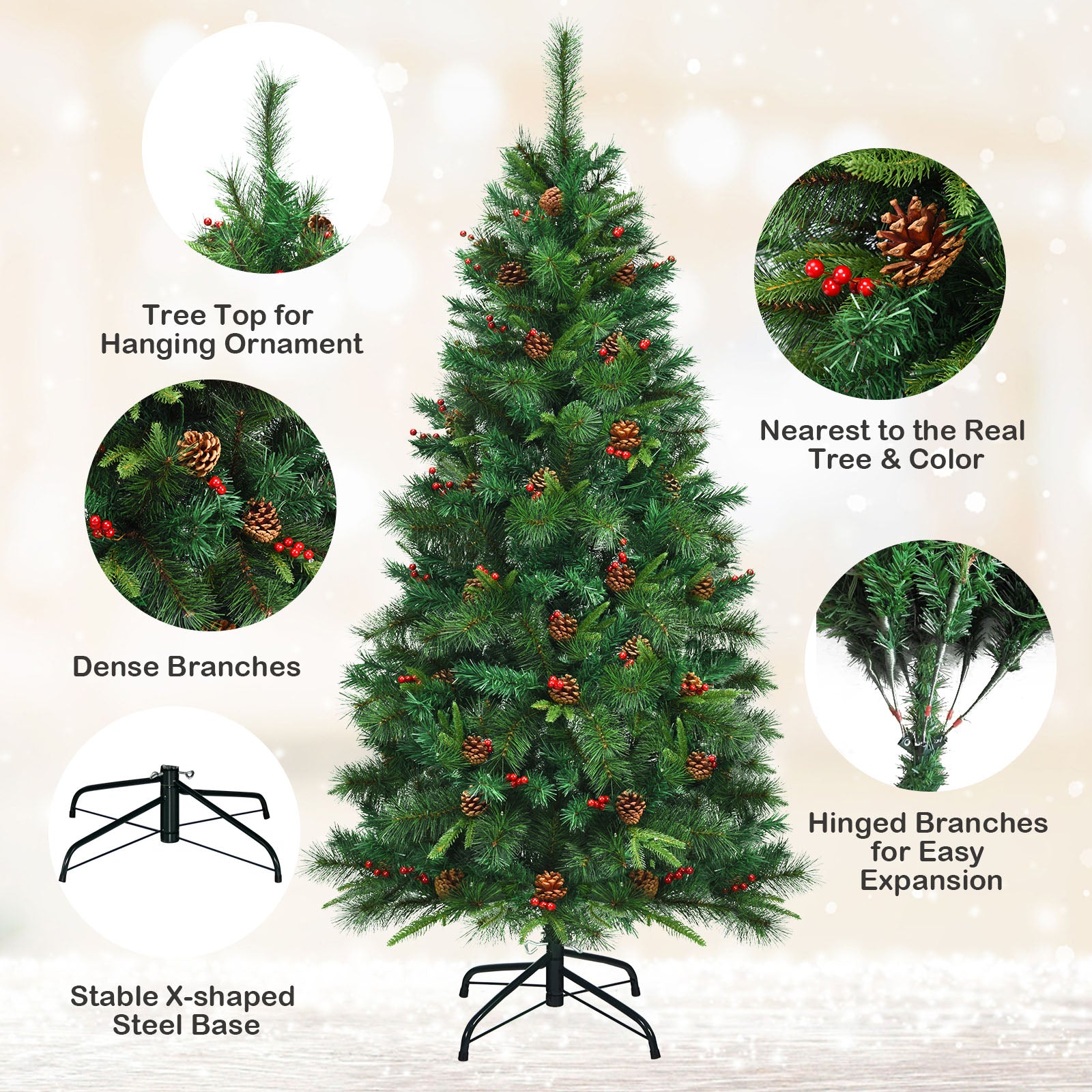 6 Feet Pre-lit Artificial Hinged Christmas Tree with LED Lights-6 ft